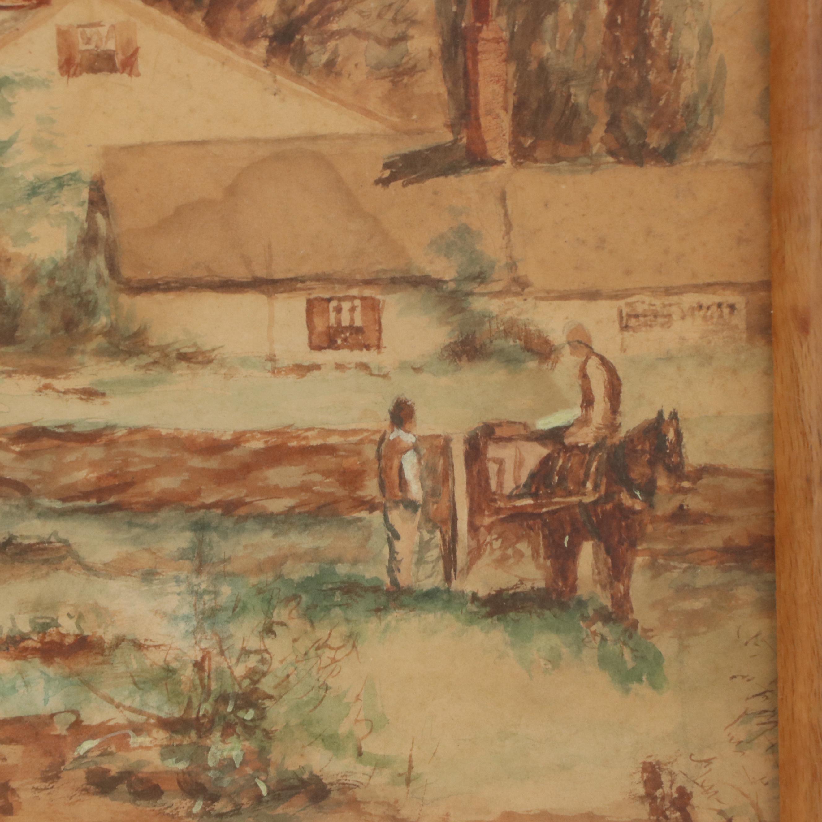 Watercolor Landscape With Figures, Early 20th Century