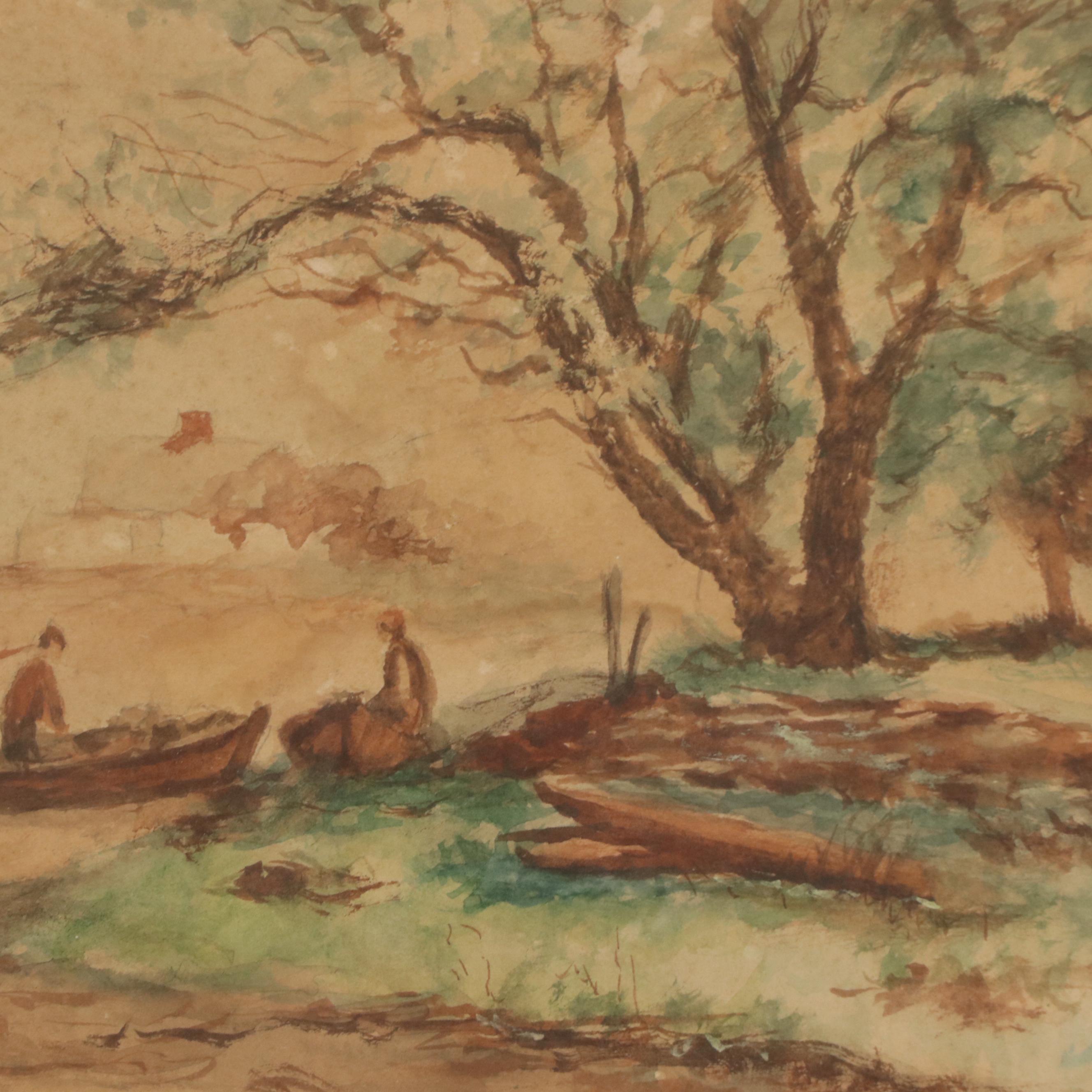 Watercolor Landscape With Figures, Early 20th Century