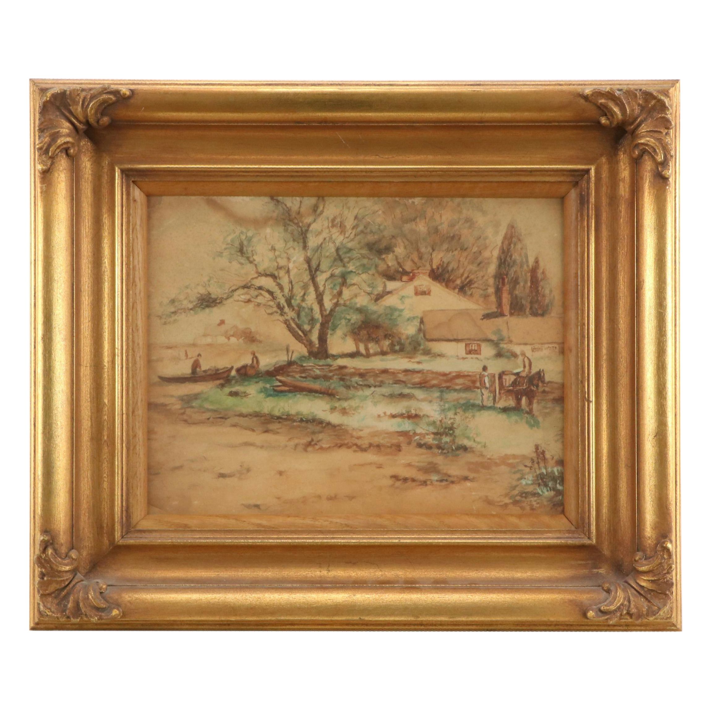 Watercolor Landscape With Figures, Early 20th Century