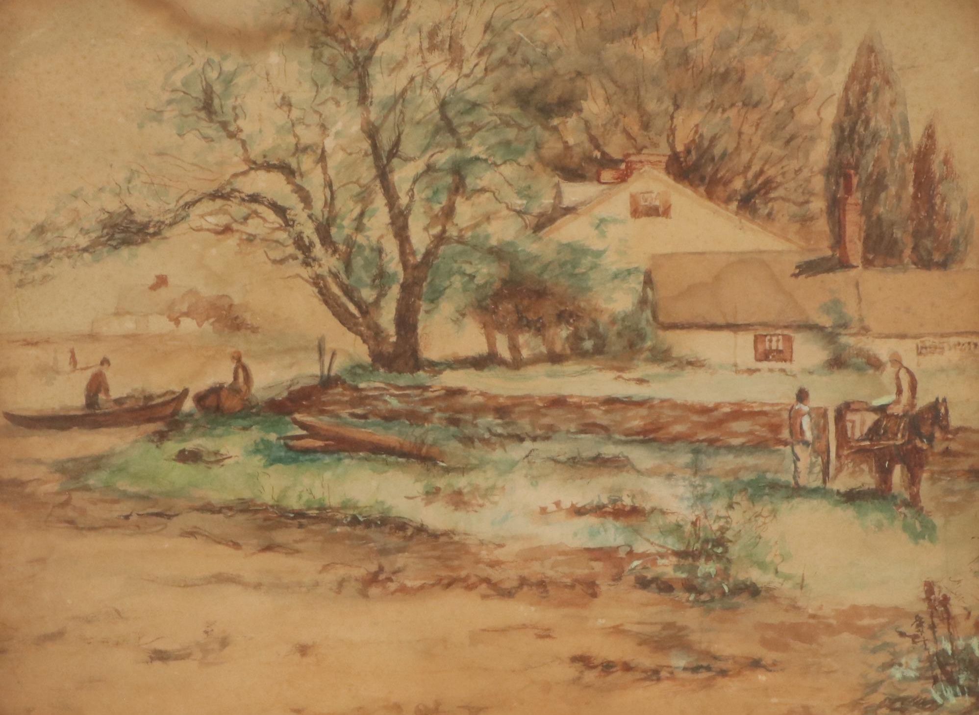 Watercolor Landscape With Figures, Early 20th Century