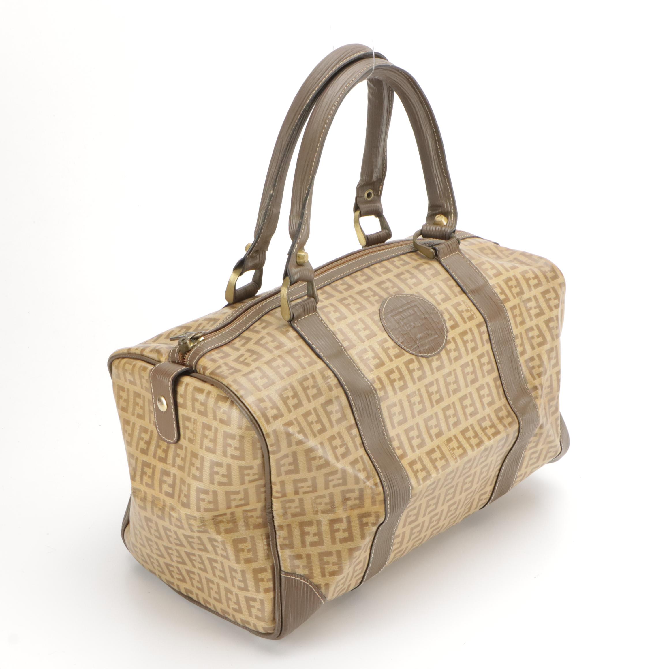 Fendi Small Duffel Bag in Zucca Coated Canvas and Embossed Leather