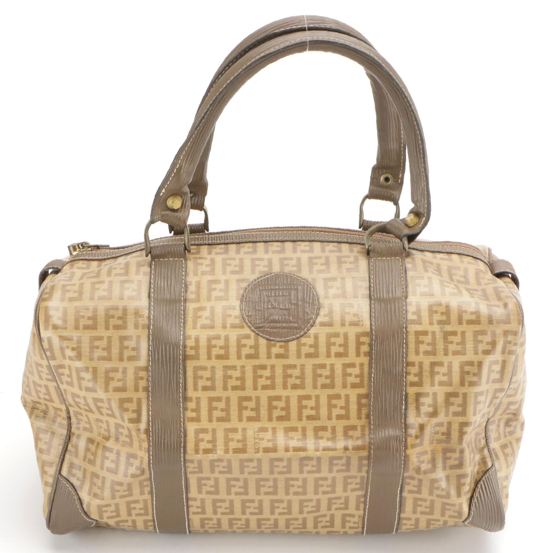 Fendi Small Duffel Bag in Zucca Coated Canvas and Embossed Leather