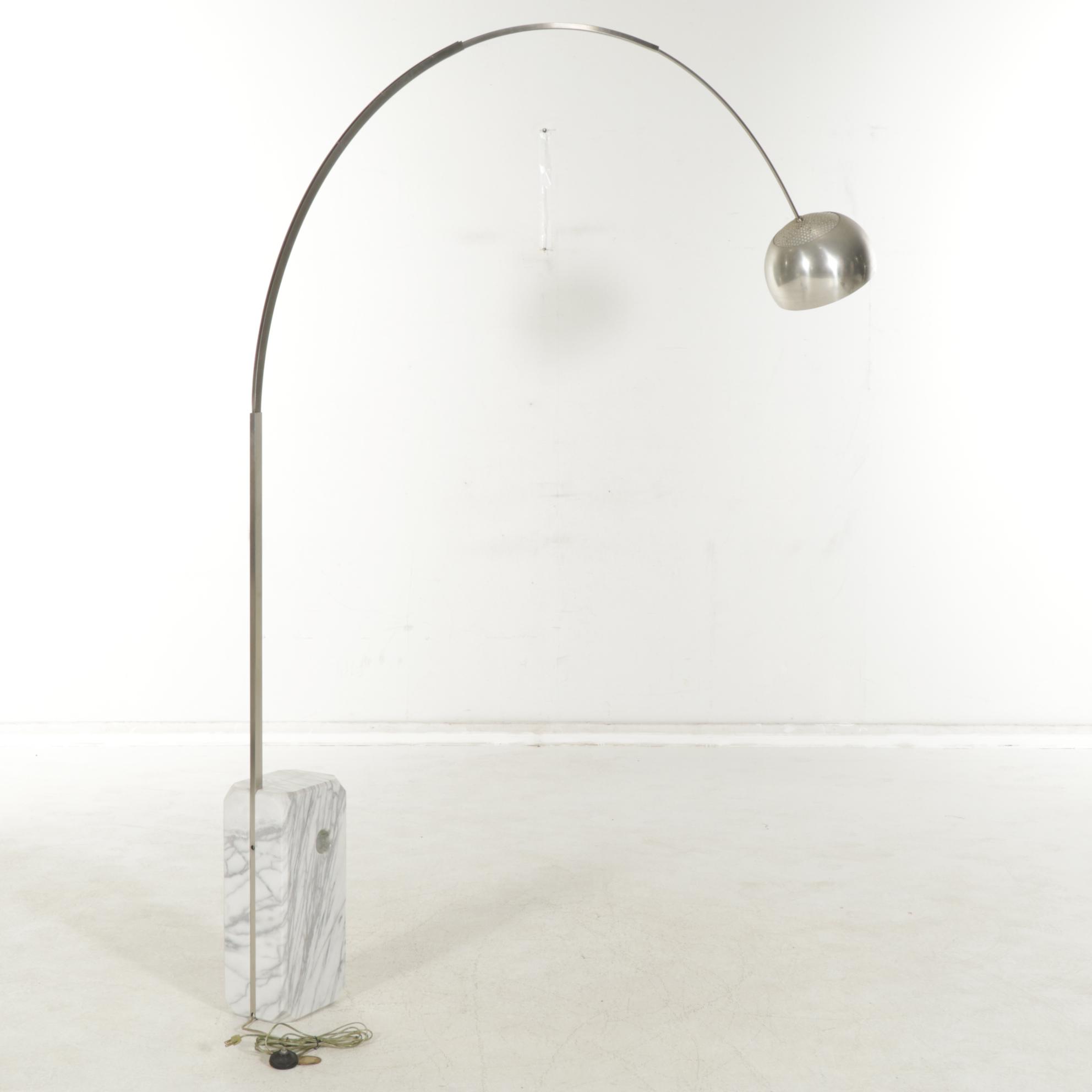 Laurel Lamp Co. MCM Brushed Metal Eyeball Arc Floor Lamp with White Marble Base