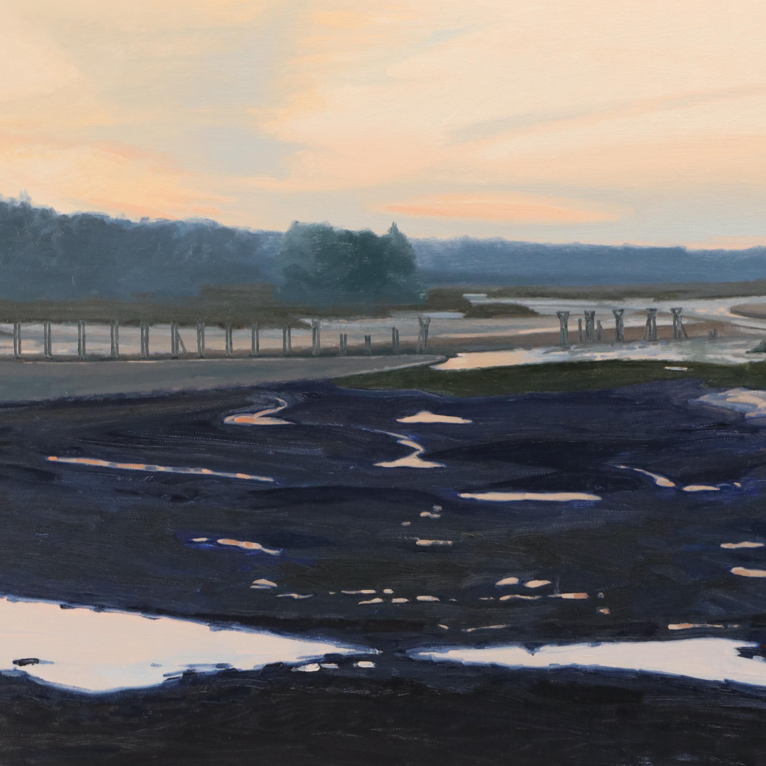 Landscape Oil Painting "Trestles Over Mud Flats," Late 20th Century