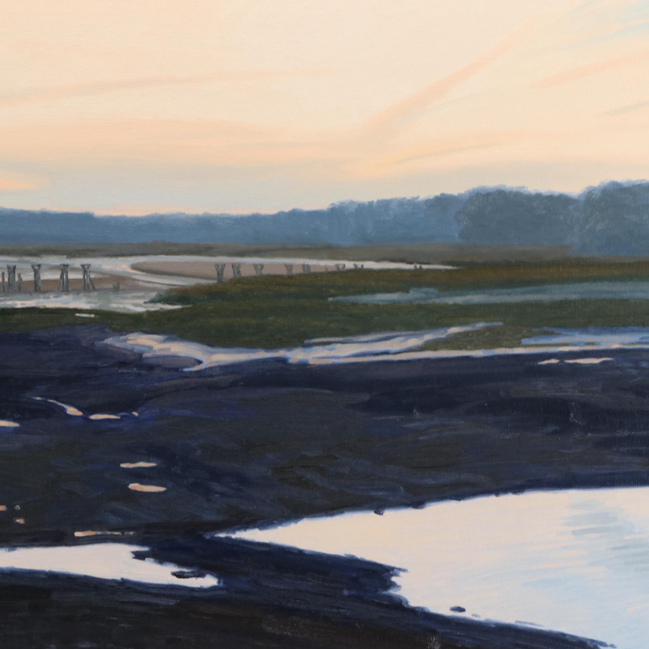 Landscape Oil Painting "Trestles Over Mud Flats," Late 20th Century