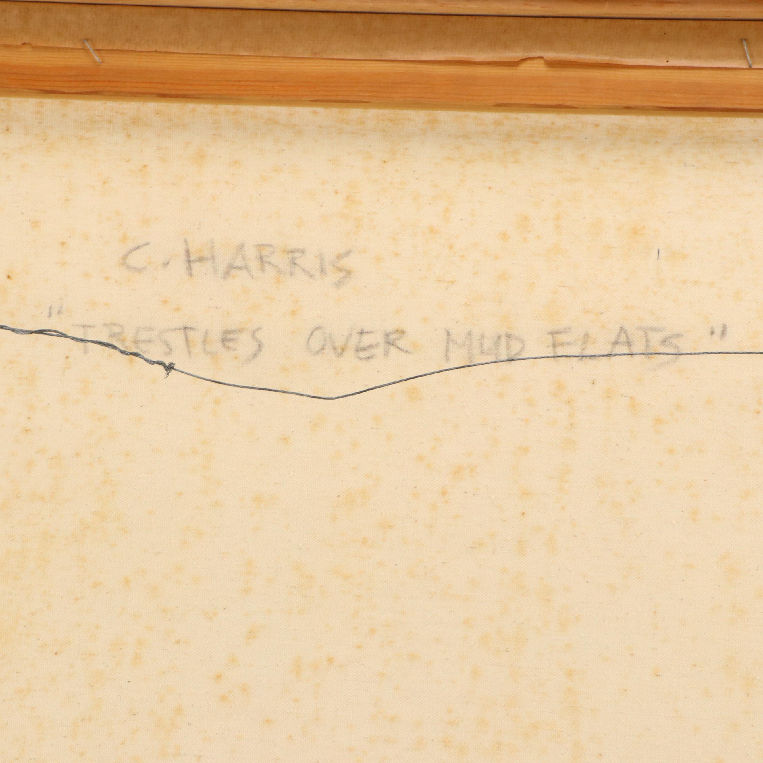 Landscape Oil Painting "Trestles Over Mud Flats," Late 20th Century