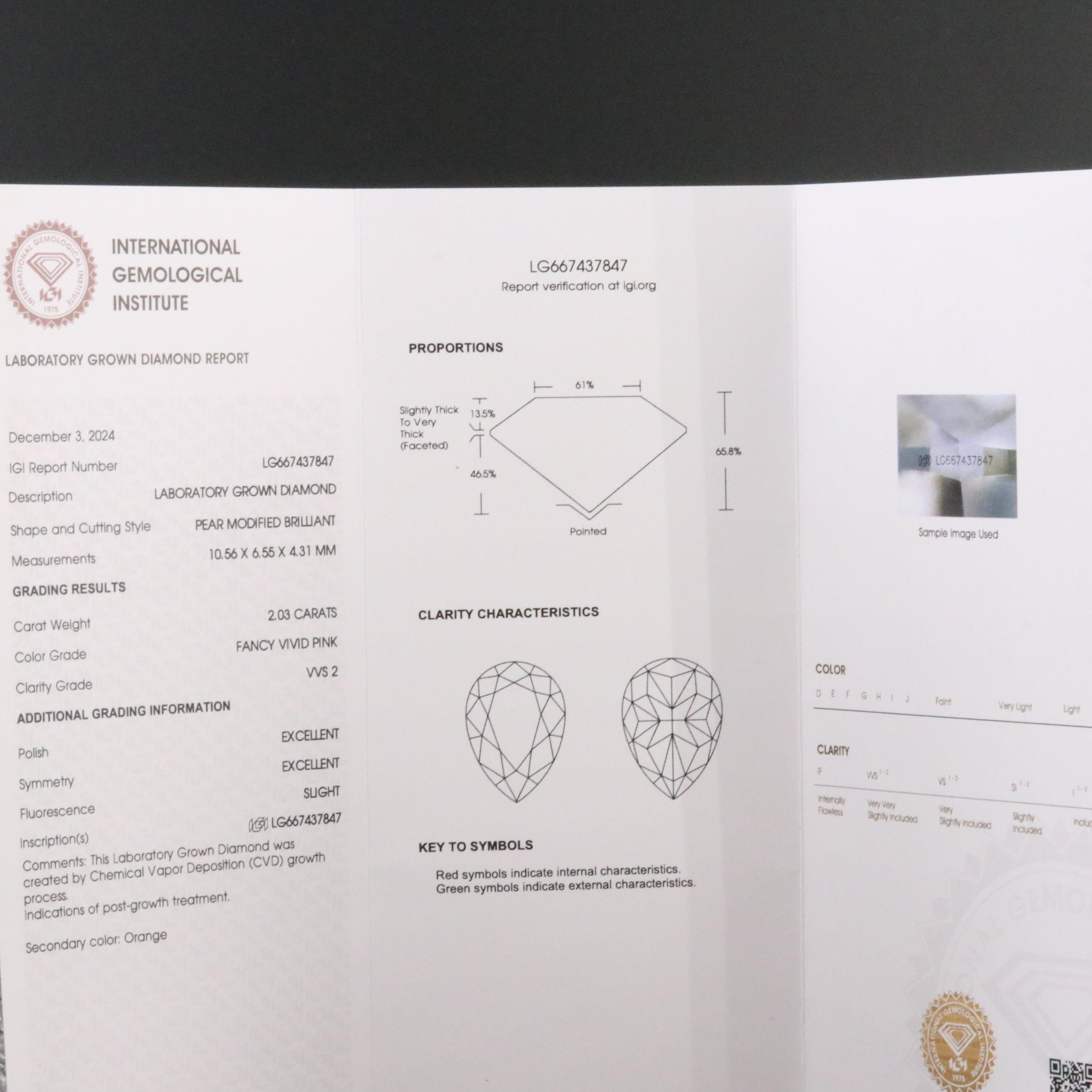 Loose 2.03 CT Lab Grown Fancy Pink Diamond with IGI Report