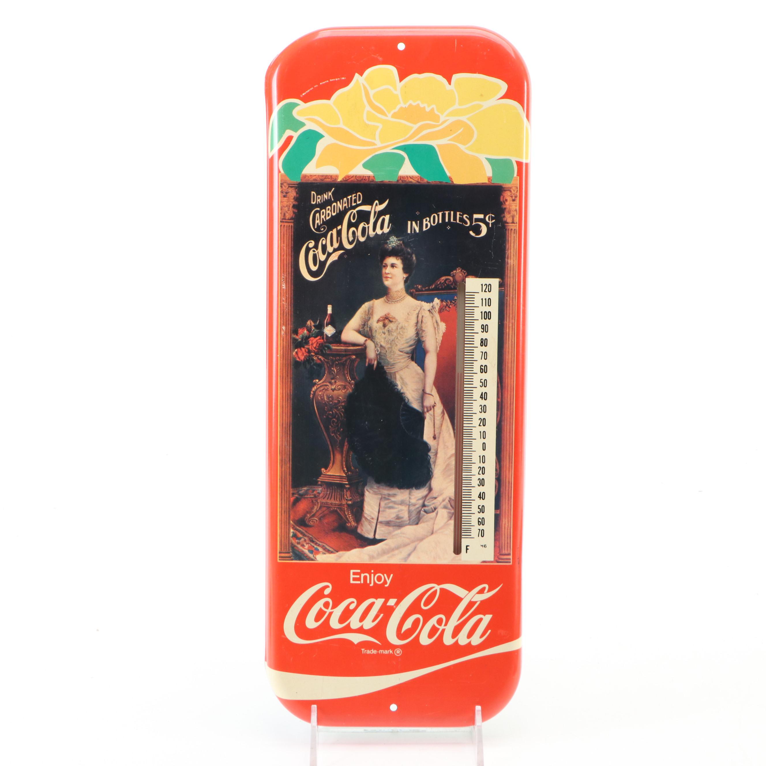 Coca-Cola Tin Lithograph Advertising Tray and Thermometer, Late 20th Century