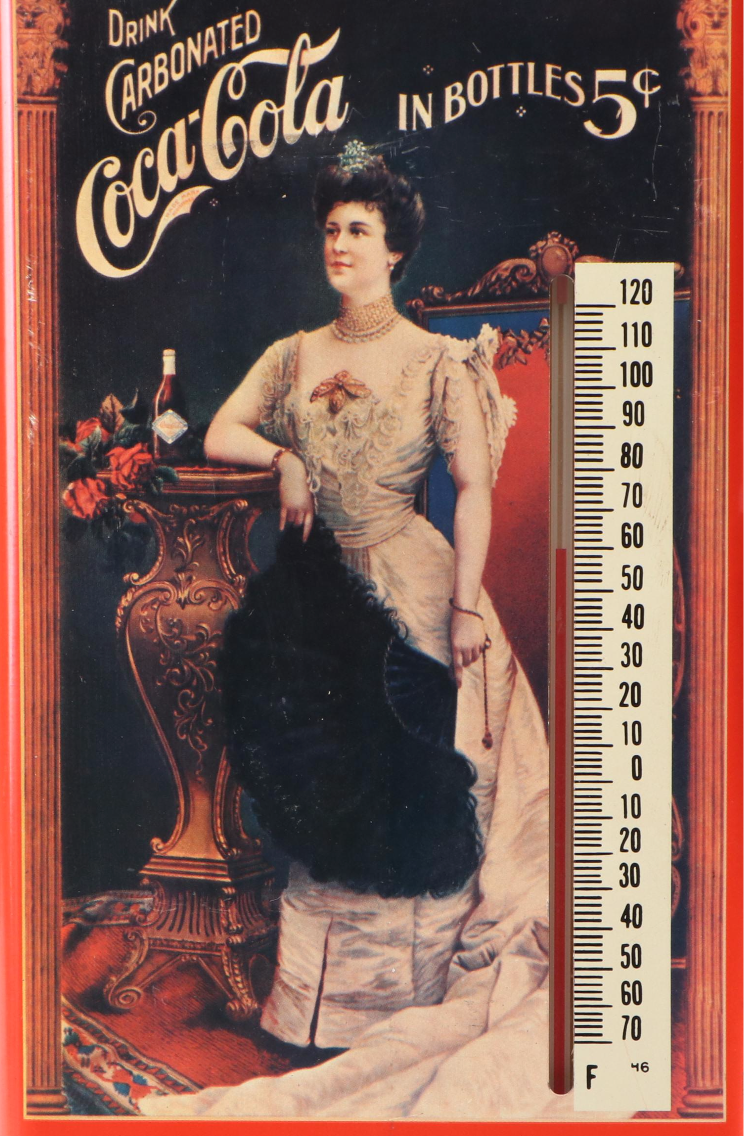 Coca-Cola Tin Lithograph Advertising Tray and Thermometer, Late 20th Century