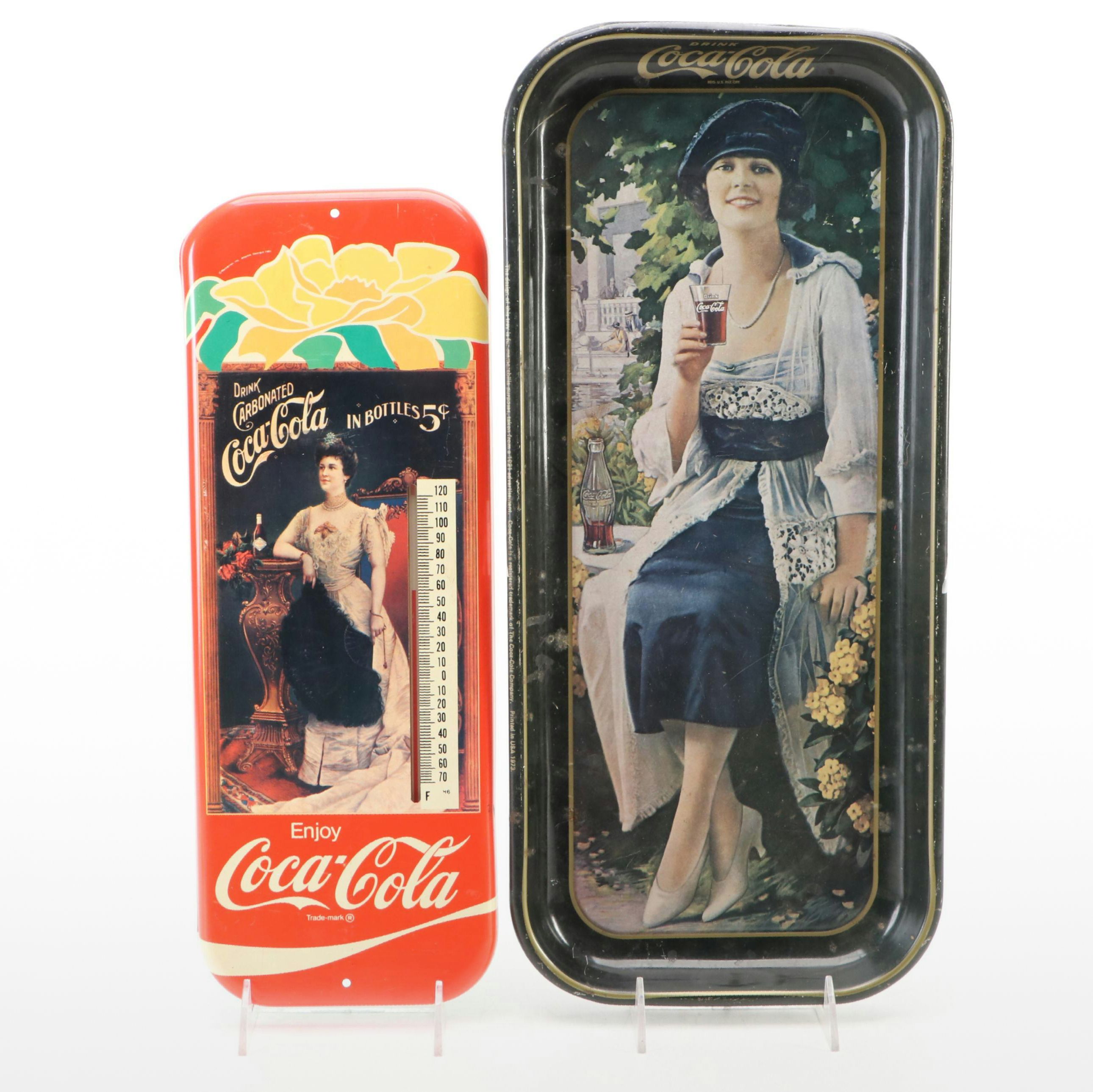 Coca-Cola Tin Lithograph Advertising Tray and Thermometer, Late 20th Century
