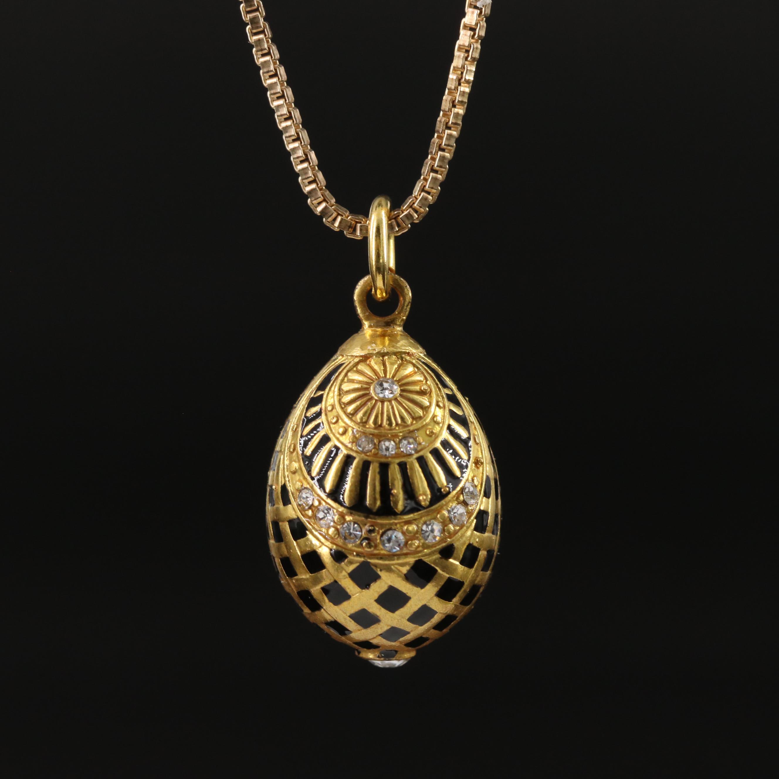 Hermitage Museum Fabergé Inspired Rhinestone and Enamel Egg Pendant Necklace