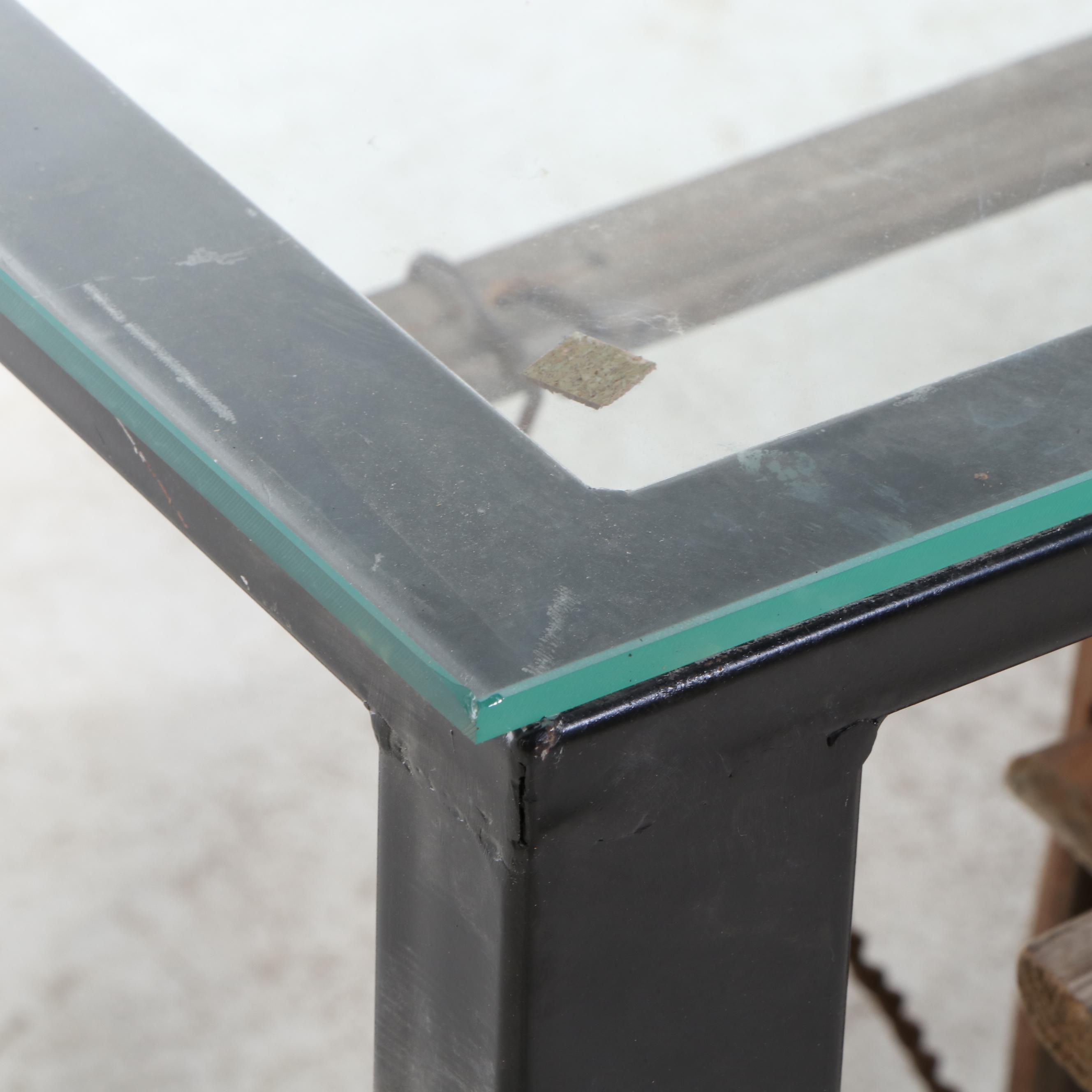 Metal and Glass Console Table with Folk Art Wooden Paddle Boat