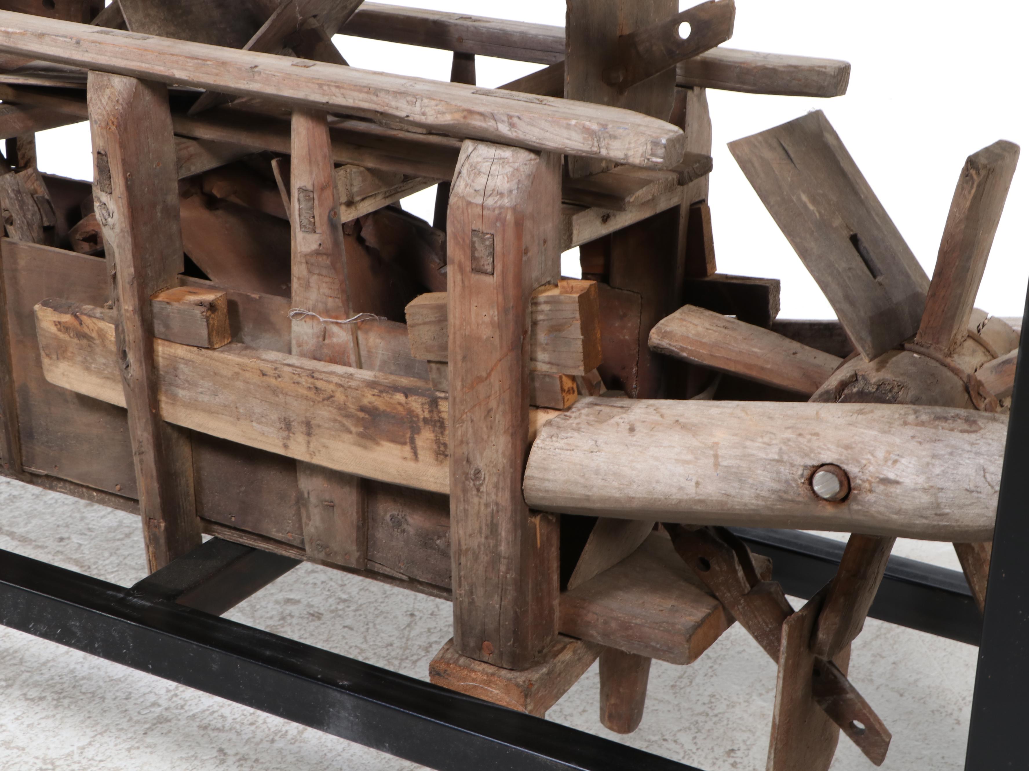 Metal and Glass Console Table with Folk Art Wooden Paddle Boat