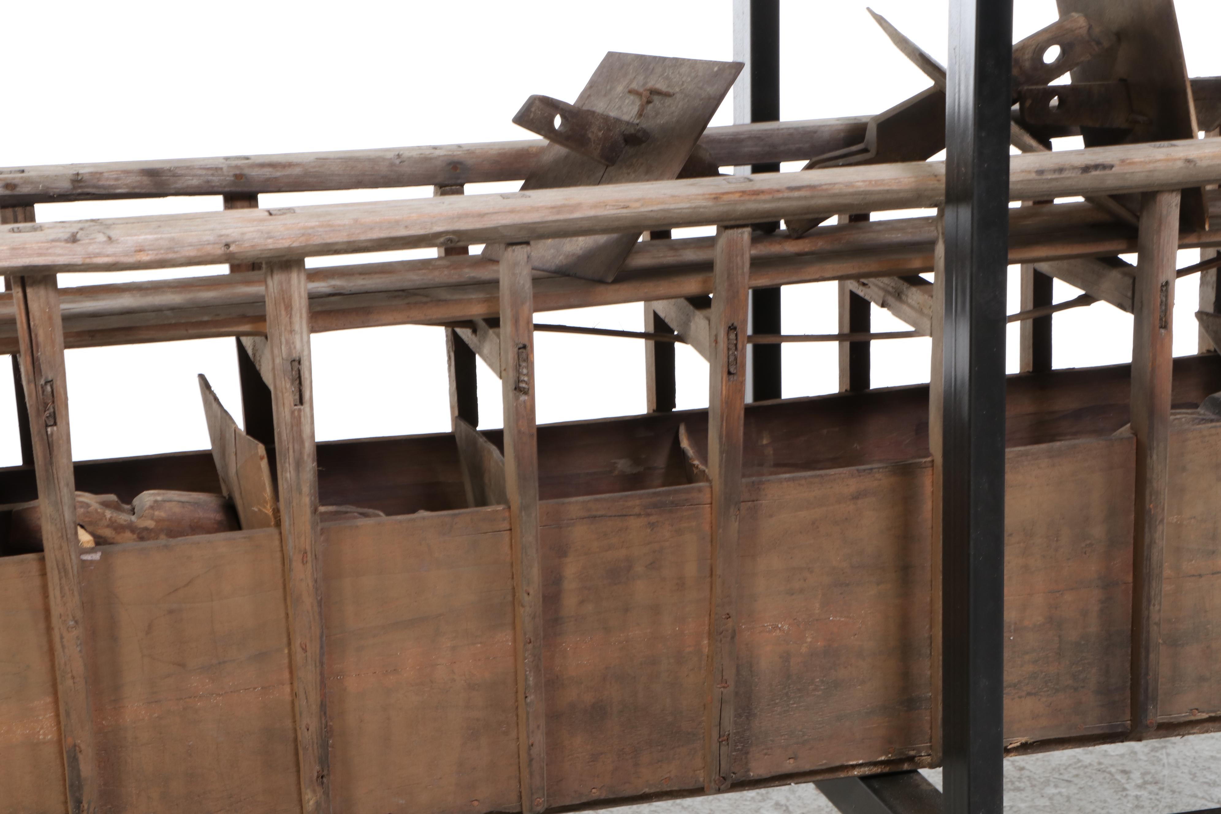 Metal and Glass Console Table with Folk Art Wooden Paddle Boat