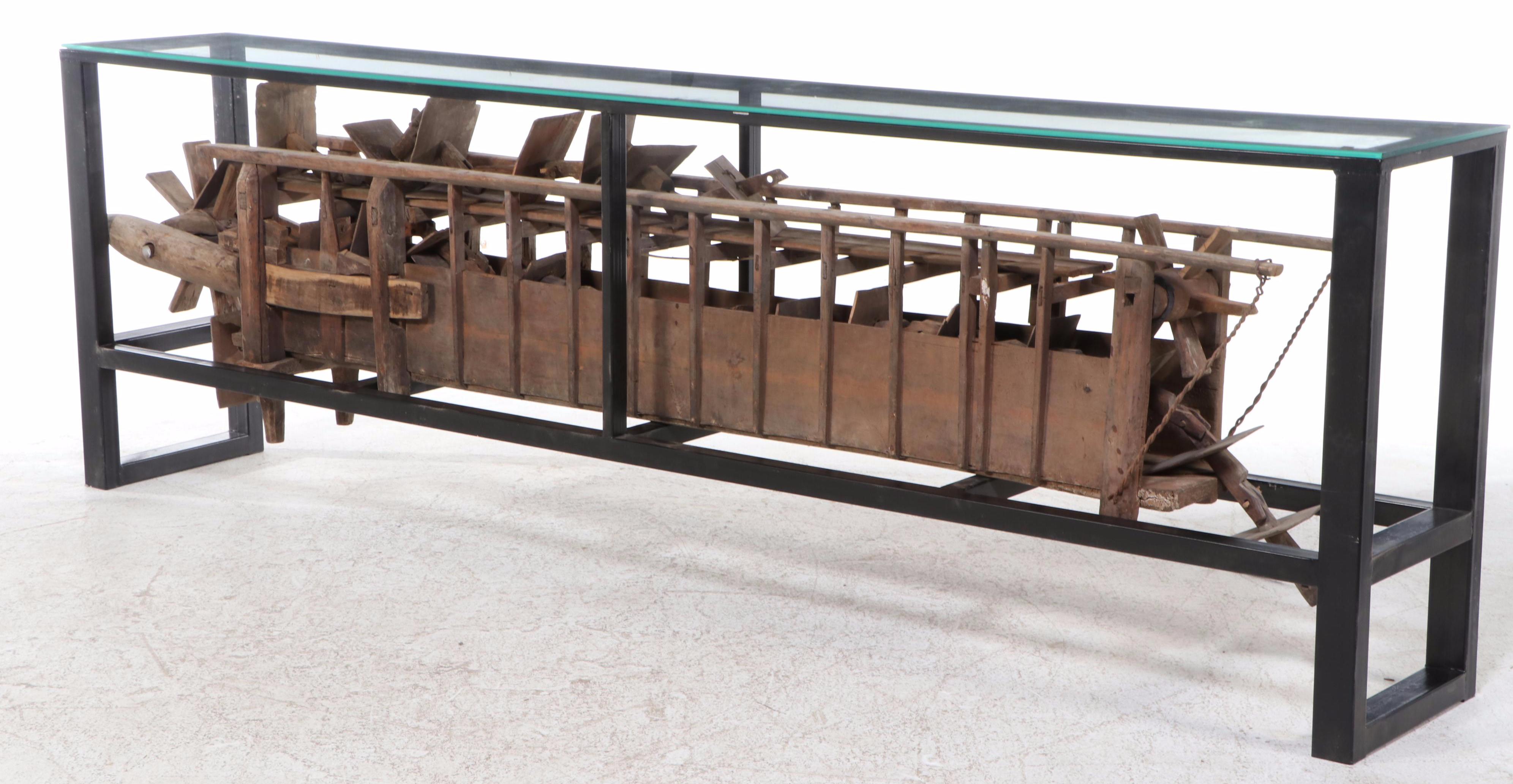 Metal and Glass Console Table with Folk Art Wooden Paddle Boat