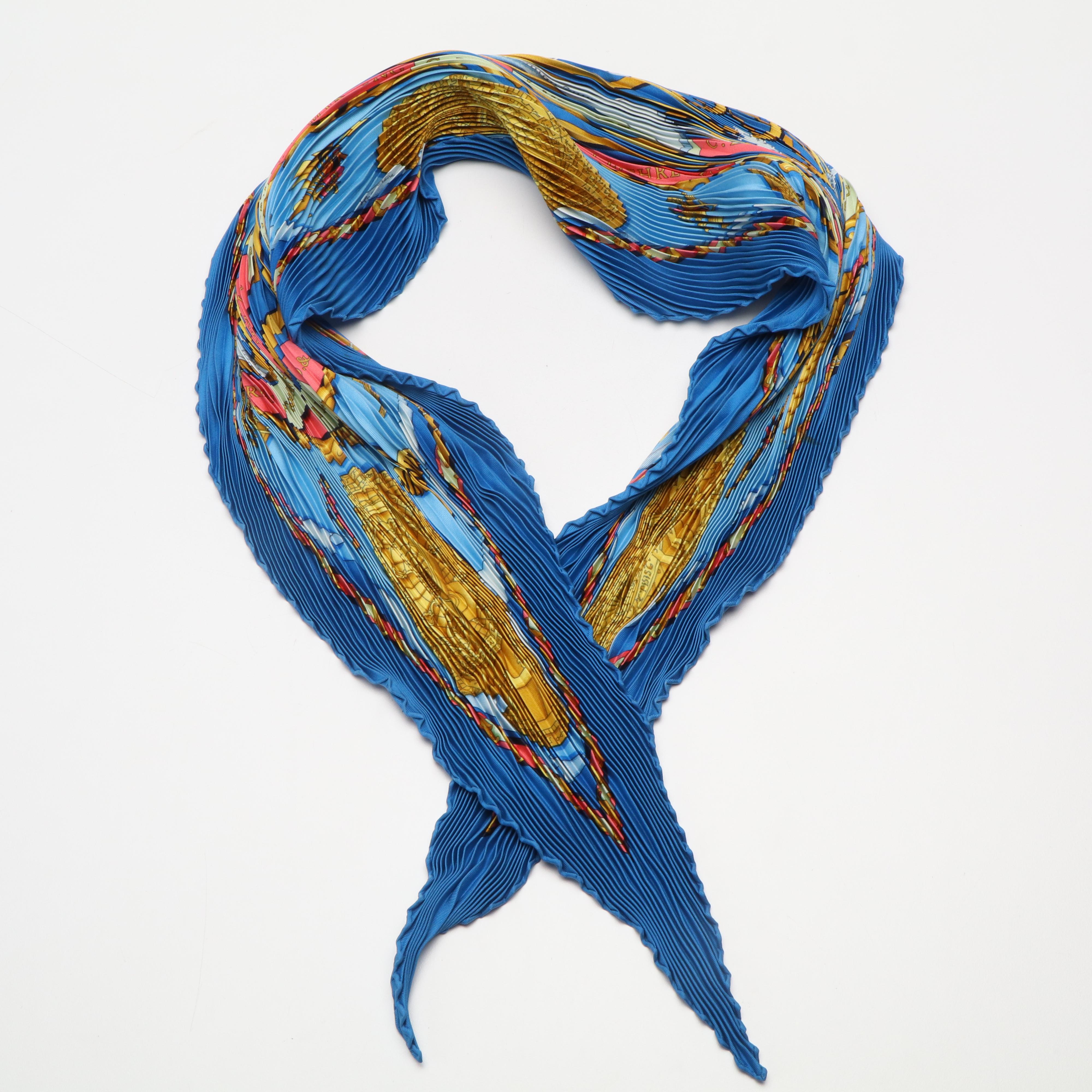Hermès Silk Plissé Scarf in Blue and Gold