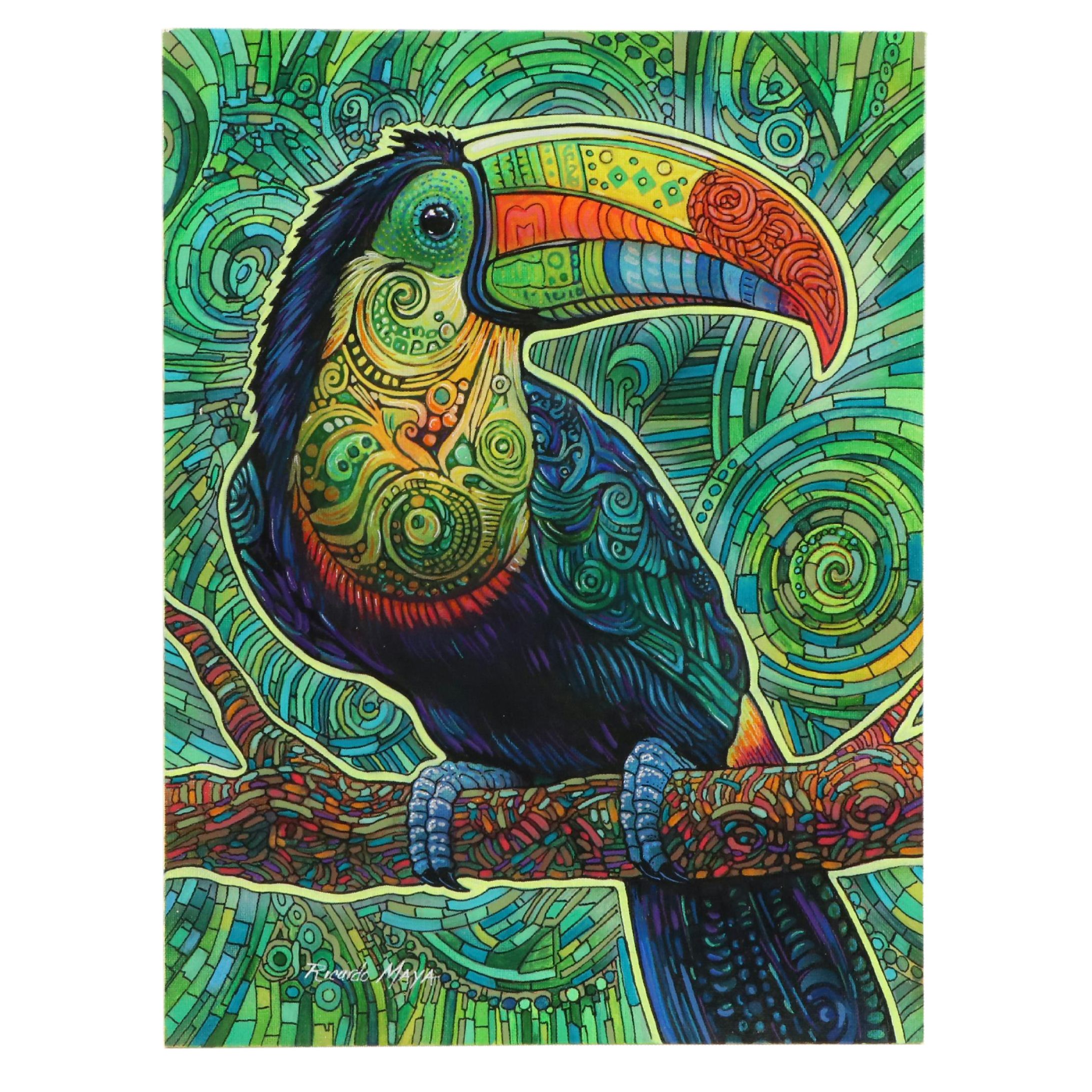 Ricardo Maya Stylized Acrylic Painting of Toucan, 21st Century