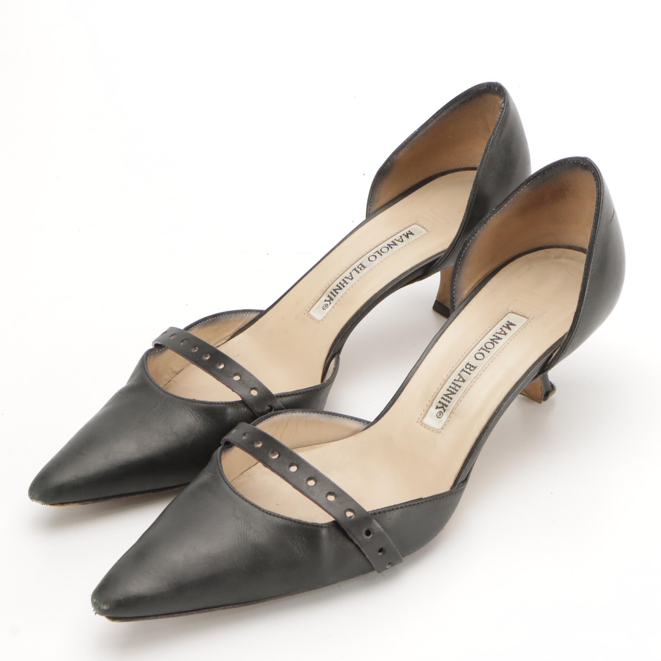 Manolo Blahnik Kitten Heel Mules and Ankle Strap Heels in Leather with Boxes