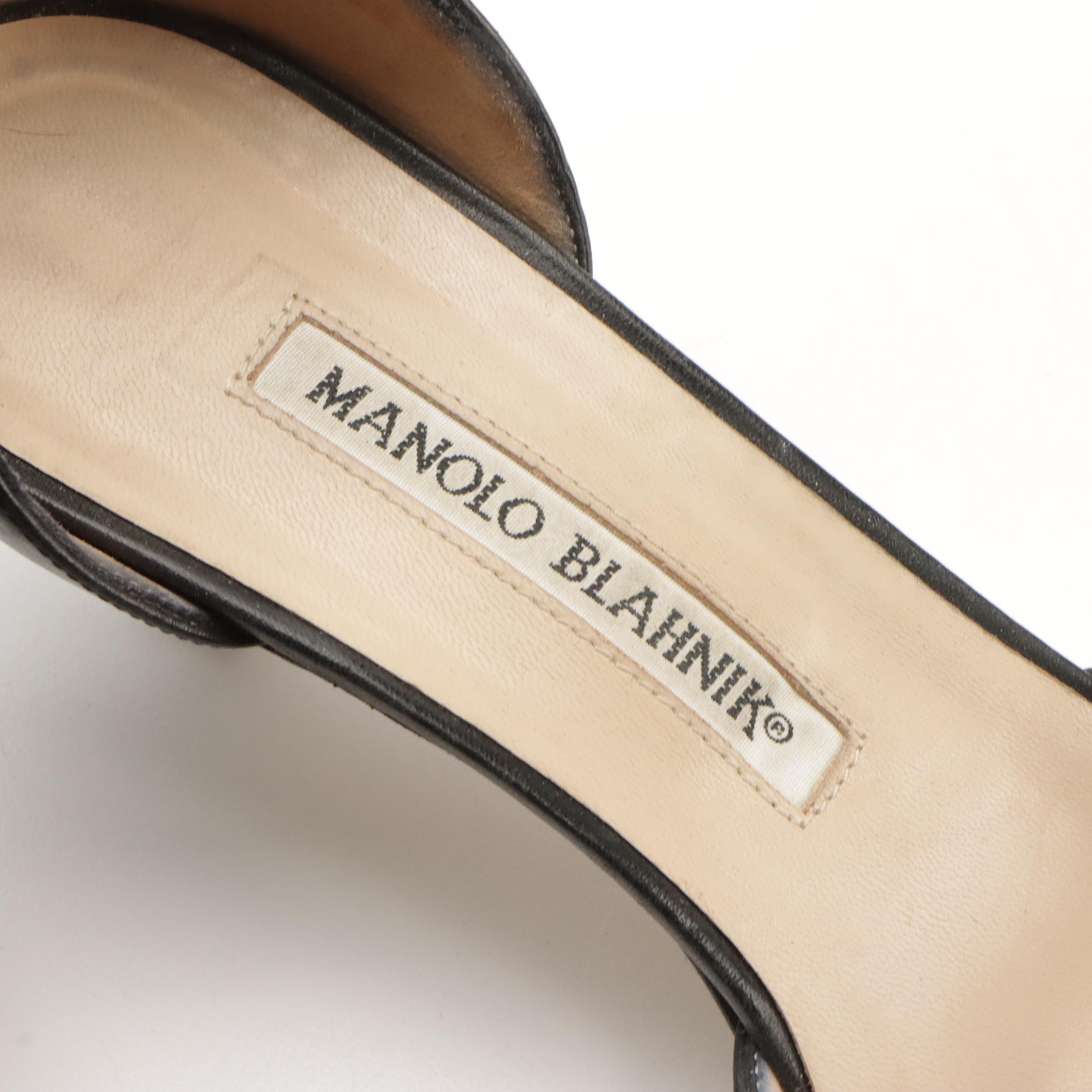 Manolo Blahnik Kitten Heel Mules and Ankle Strap Heels in Leather with Boxes