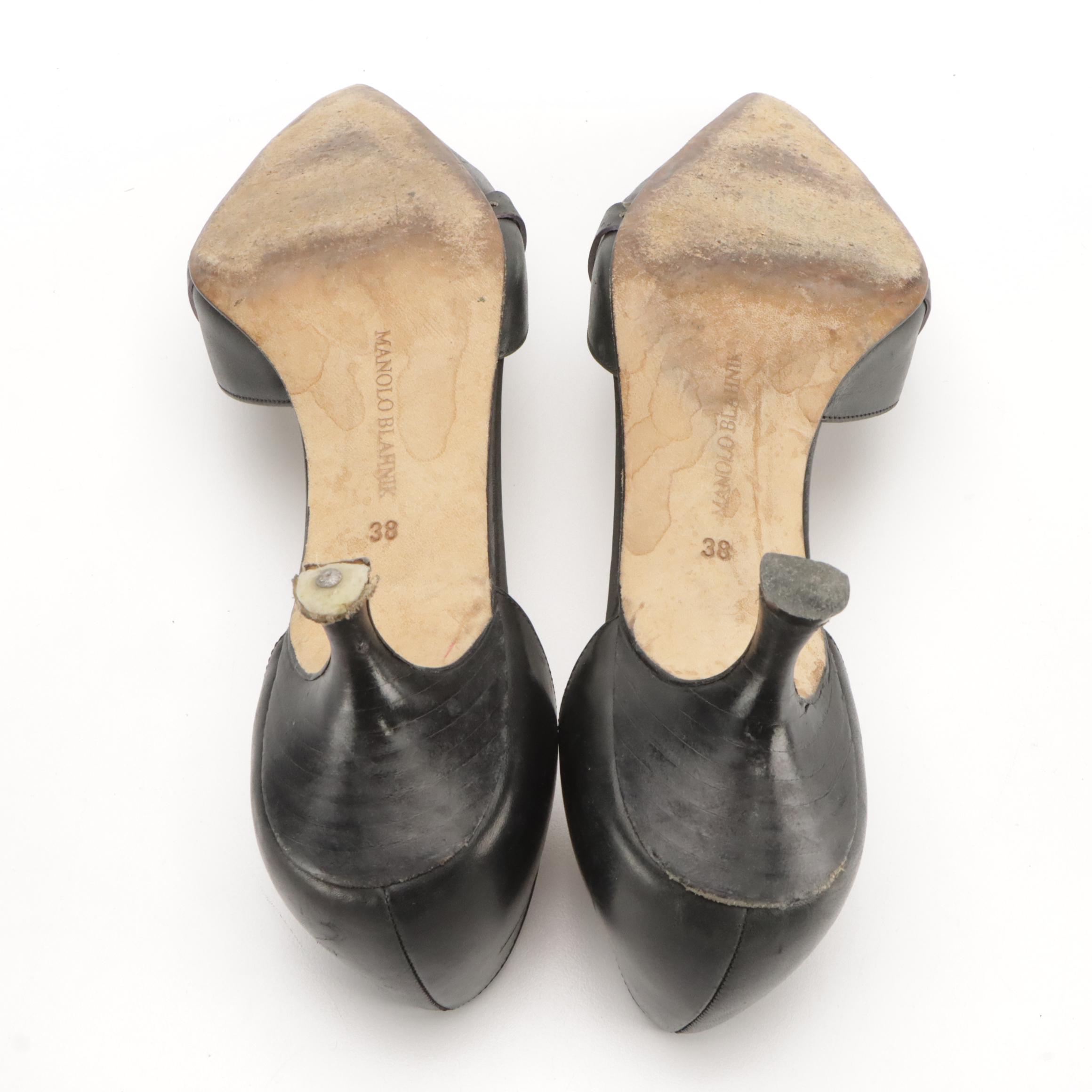 Manolo Blahnik Kitten Heel Mules and Ankle Strap Heels in Leather with Boxes