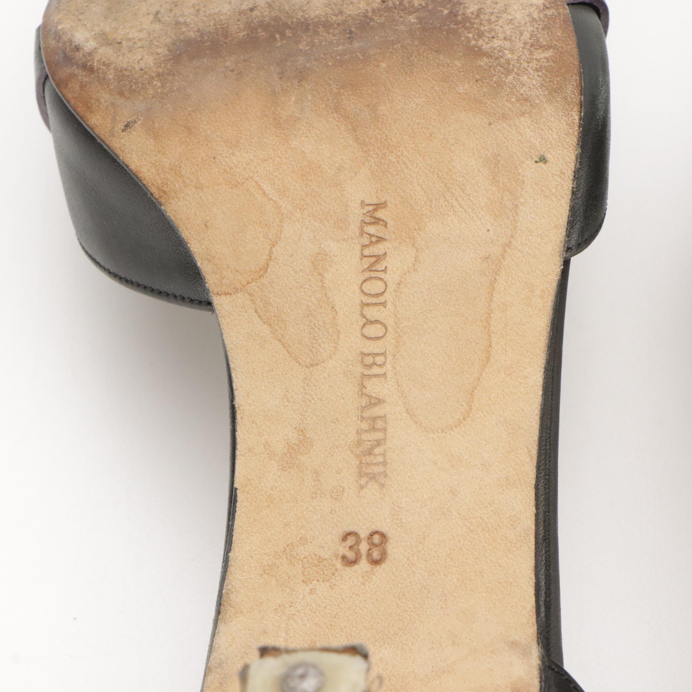 Manolo Blahnik Kitten Heel Mules and Ankle Strap Heels in Leather with Boxes