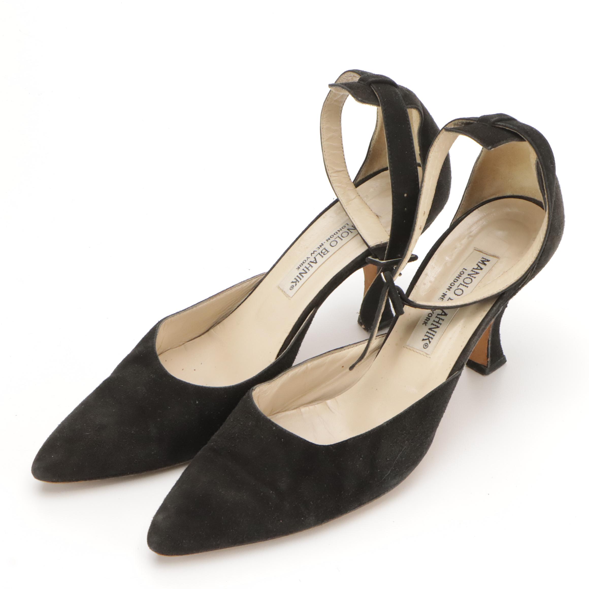 Manolo Blahnik Kitten Heel Mules and Ankle Strap Heels in Leather with Boxes