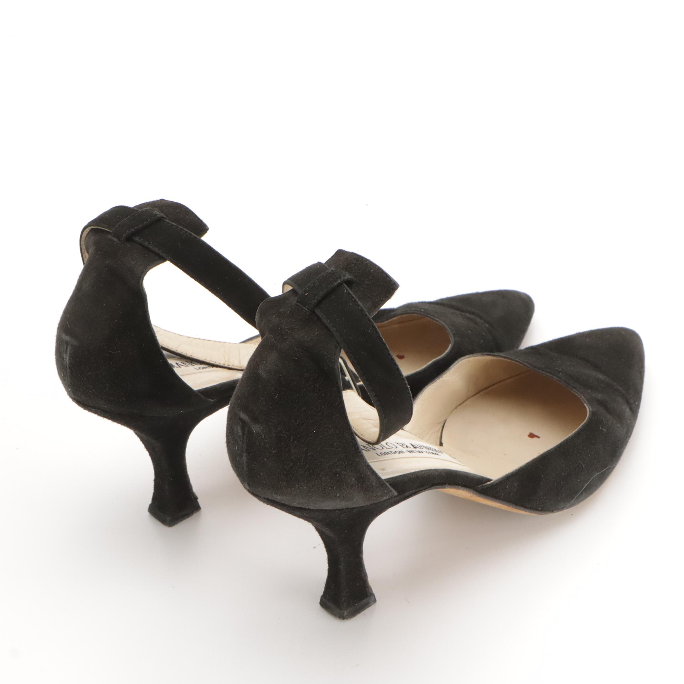 Manolo Blahnik Kitten Heel Mules and Ankle Strap Heels in Leather with Boxes