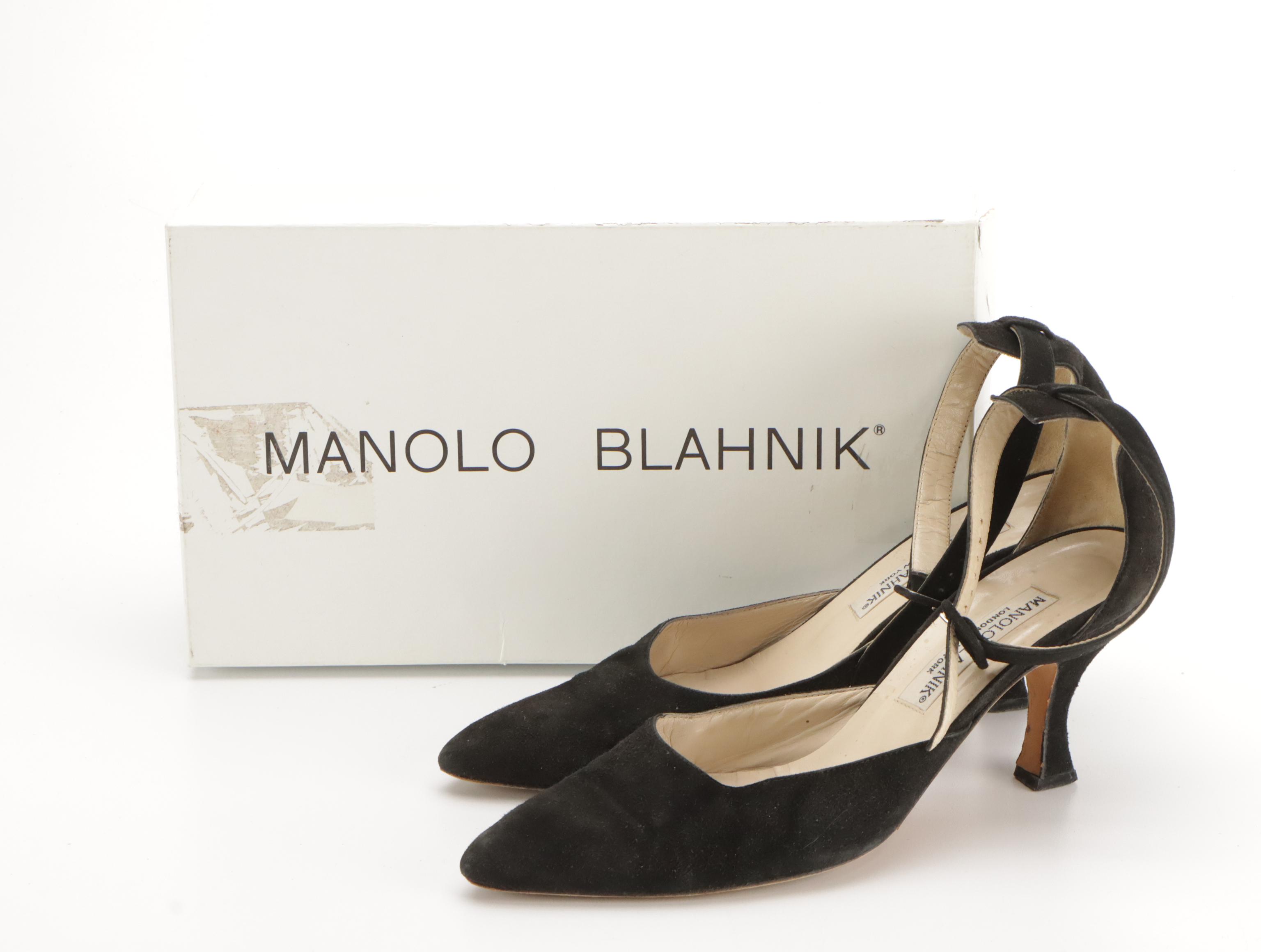 Manolo Blahnik Kitten Heel Mules and Ankle Strap Heels in Leather with Boxes