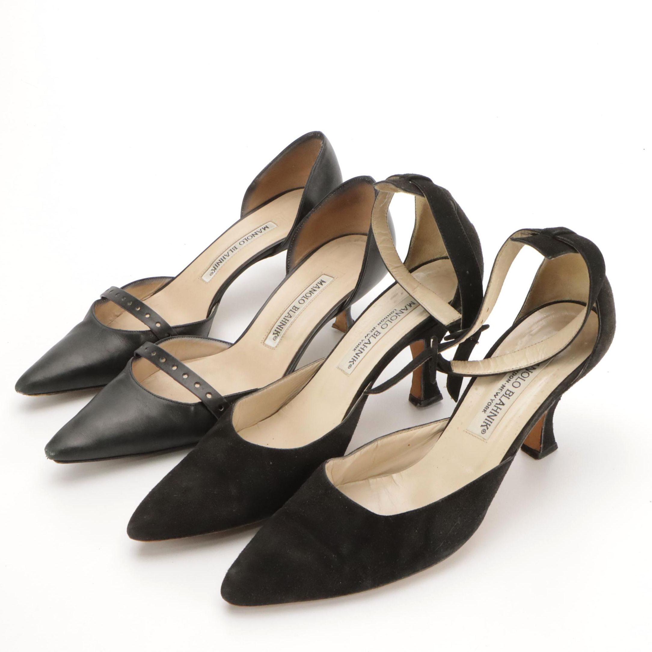 Manolo Blahnik Kitten Heel Mules and Ankle Strap Heels in Leather with Boxes