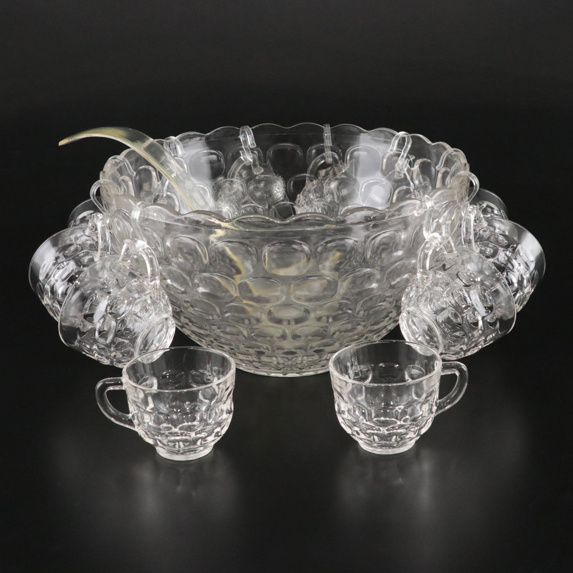 Federal Glass Jubilee Punch Bowl Set with Display Hooks, Mid-20th Century