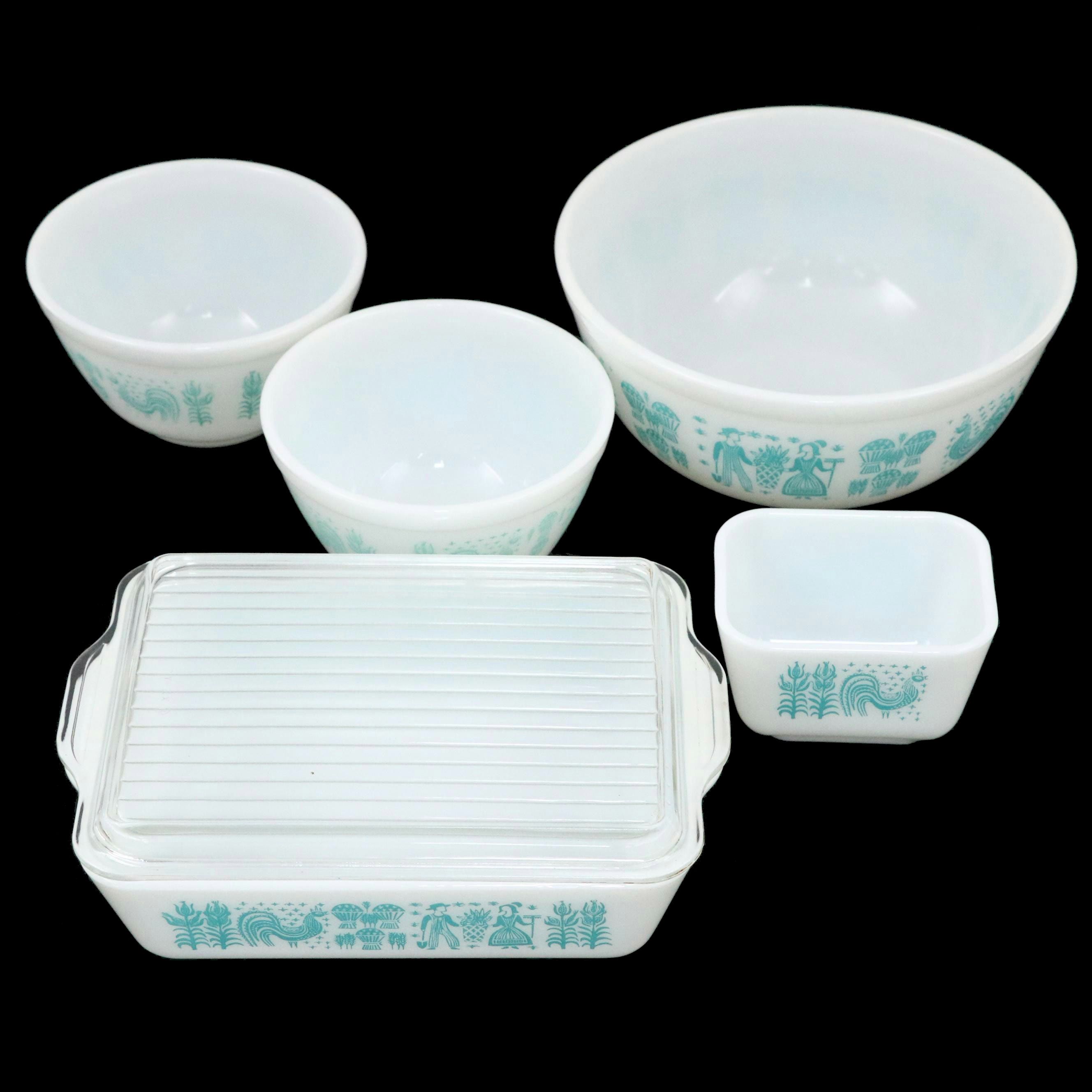 Pyrex "Butterprint Turquoise" Glass Refrigerator Jars and Bowls