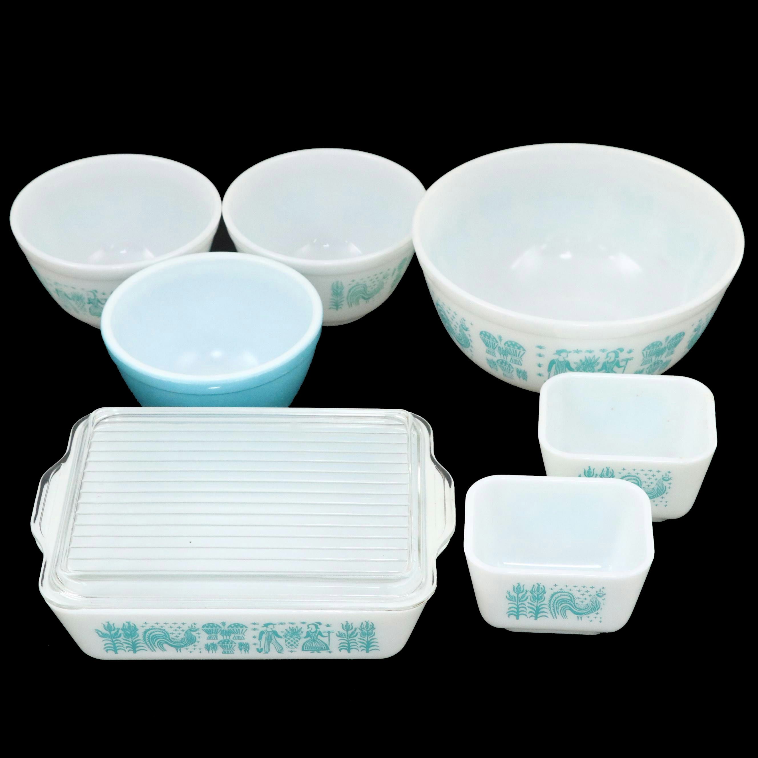 Pyrex "Butterprint Turquoise" Glass Refrigerator Jars and Bowls