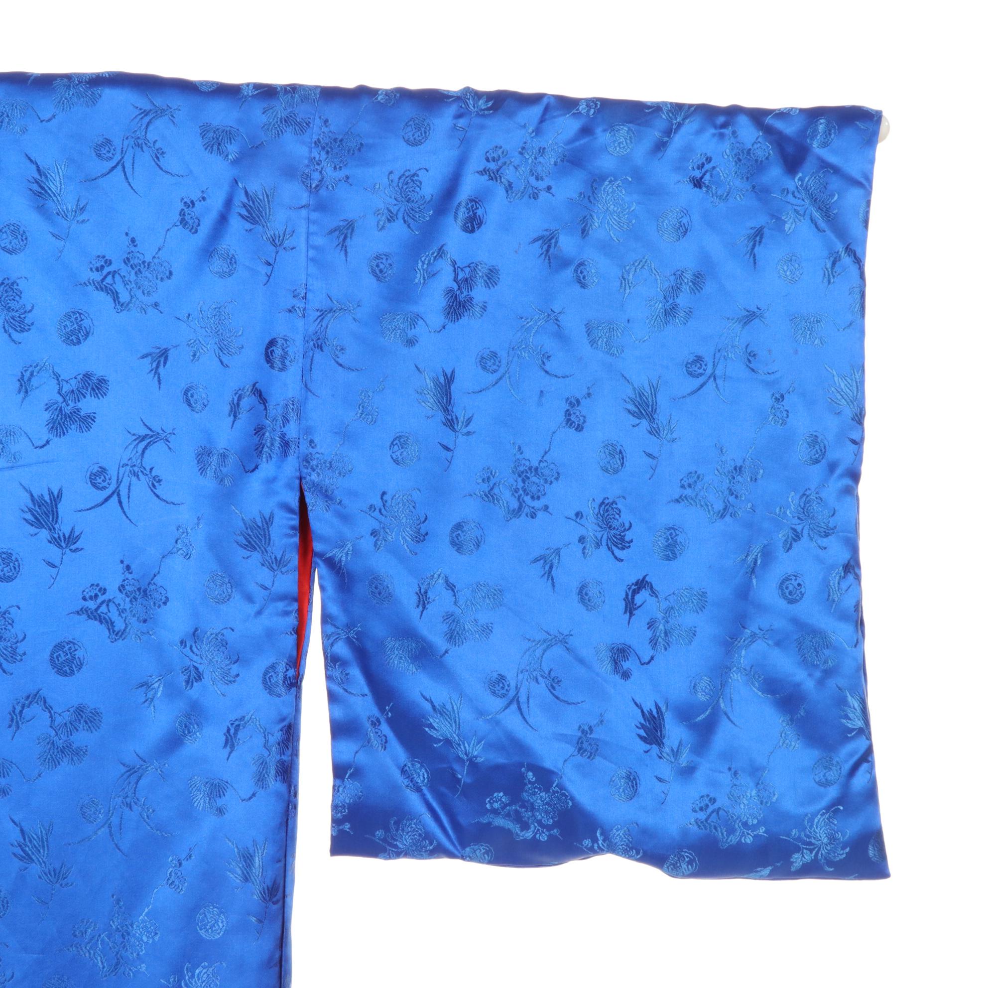 Japanese Kimono Royal Blue Floral Longevity Motif with Red Lining