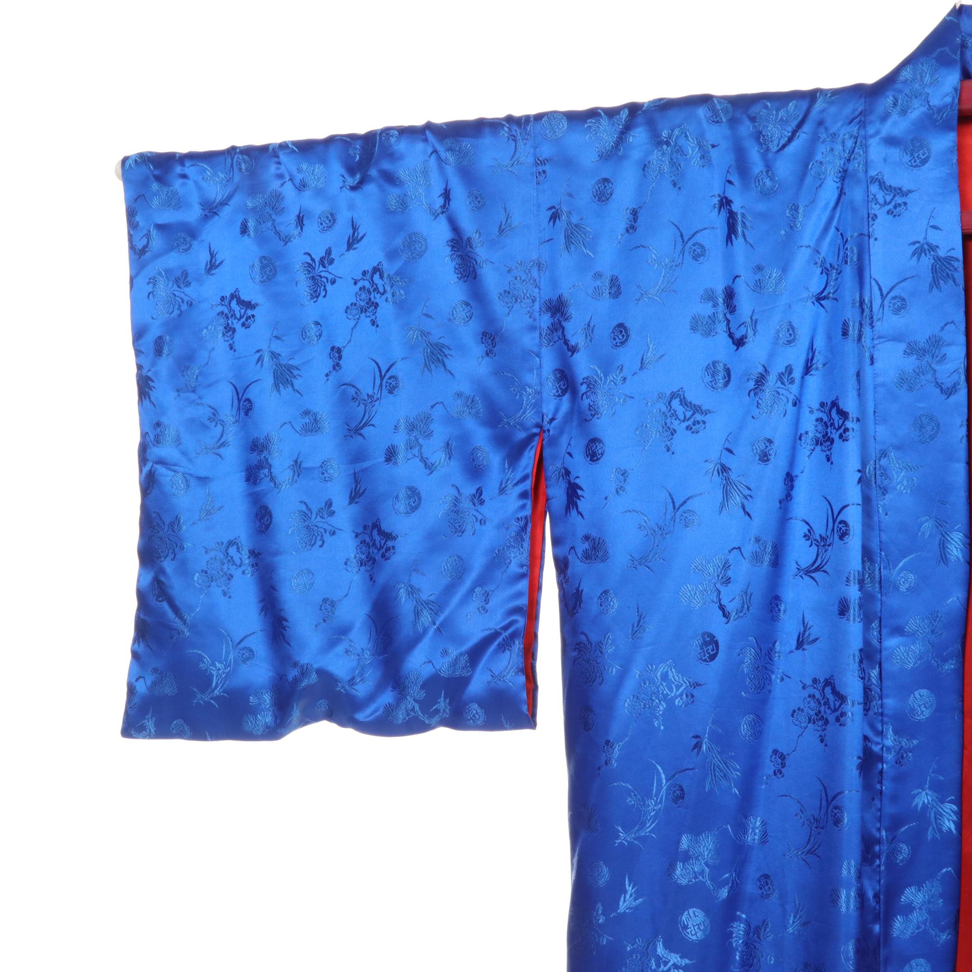 Japanese Kimono Royal Blue Floral Longevity Motif with Red Lining