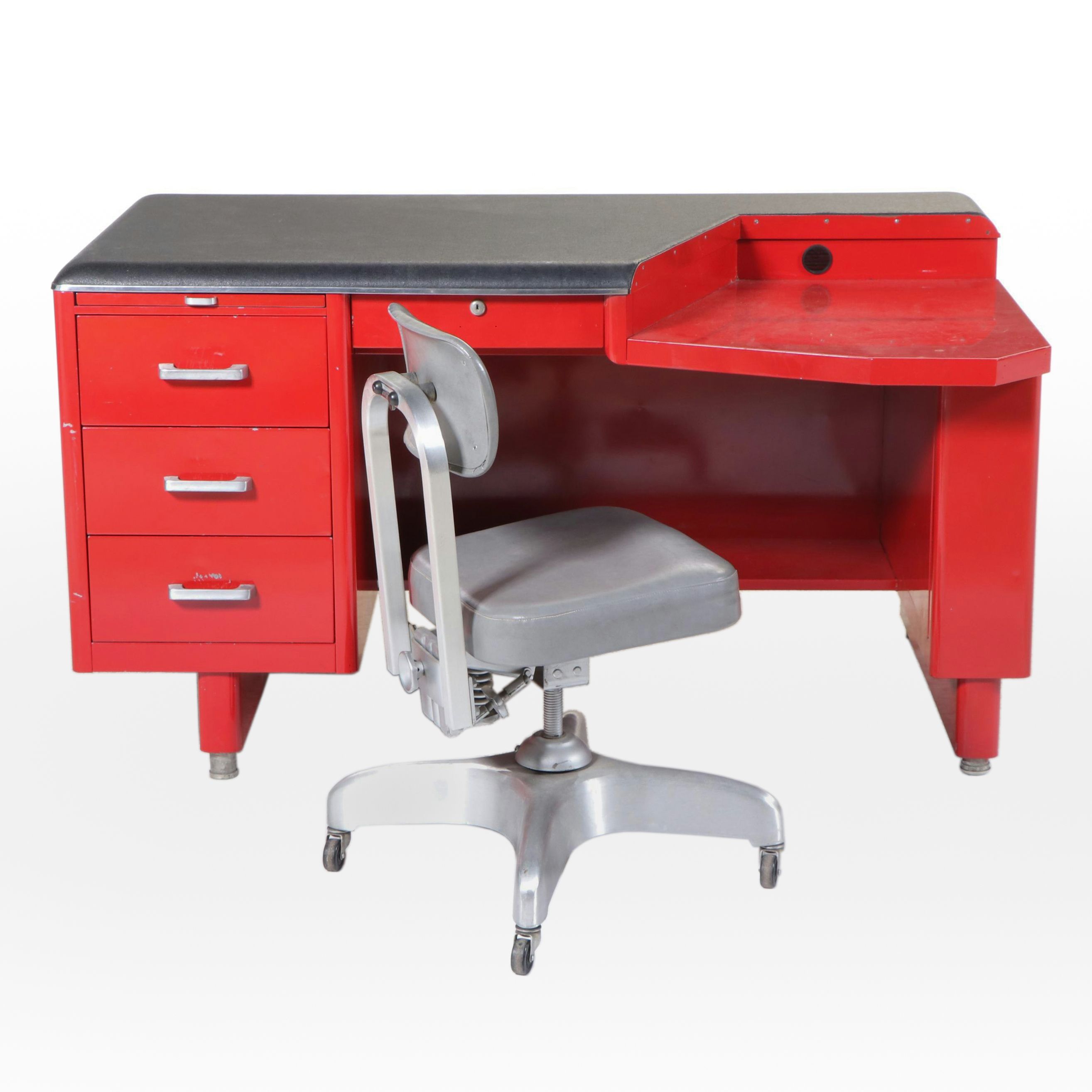 Red Finished Metal Tanker Desk with Globe-Wernicke Chair