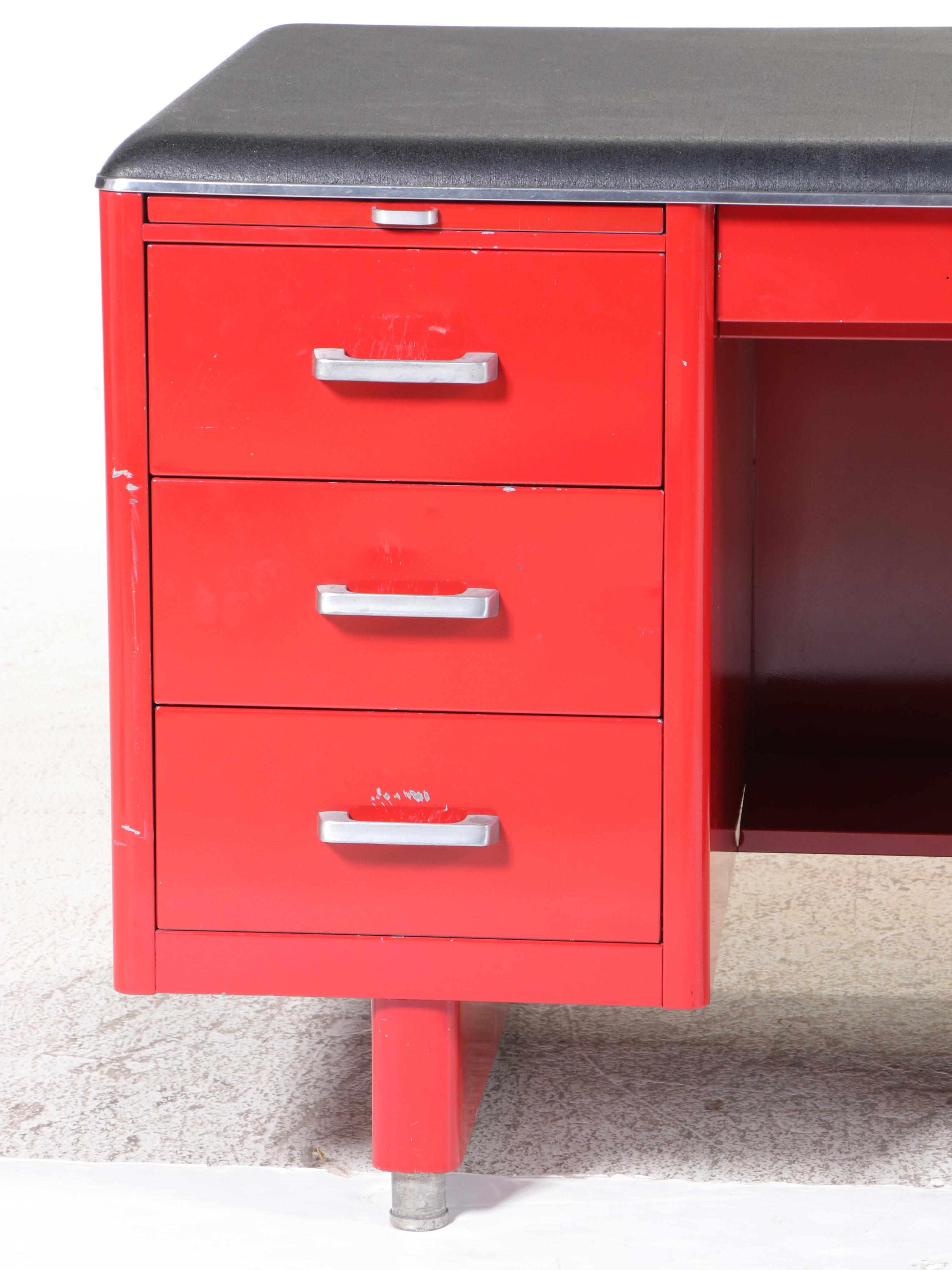 Red Finished Metal Tanker Desk with Globe-Wernicke Chair