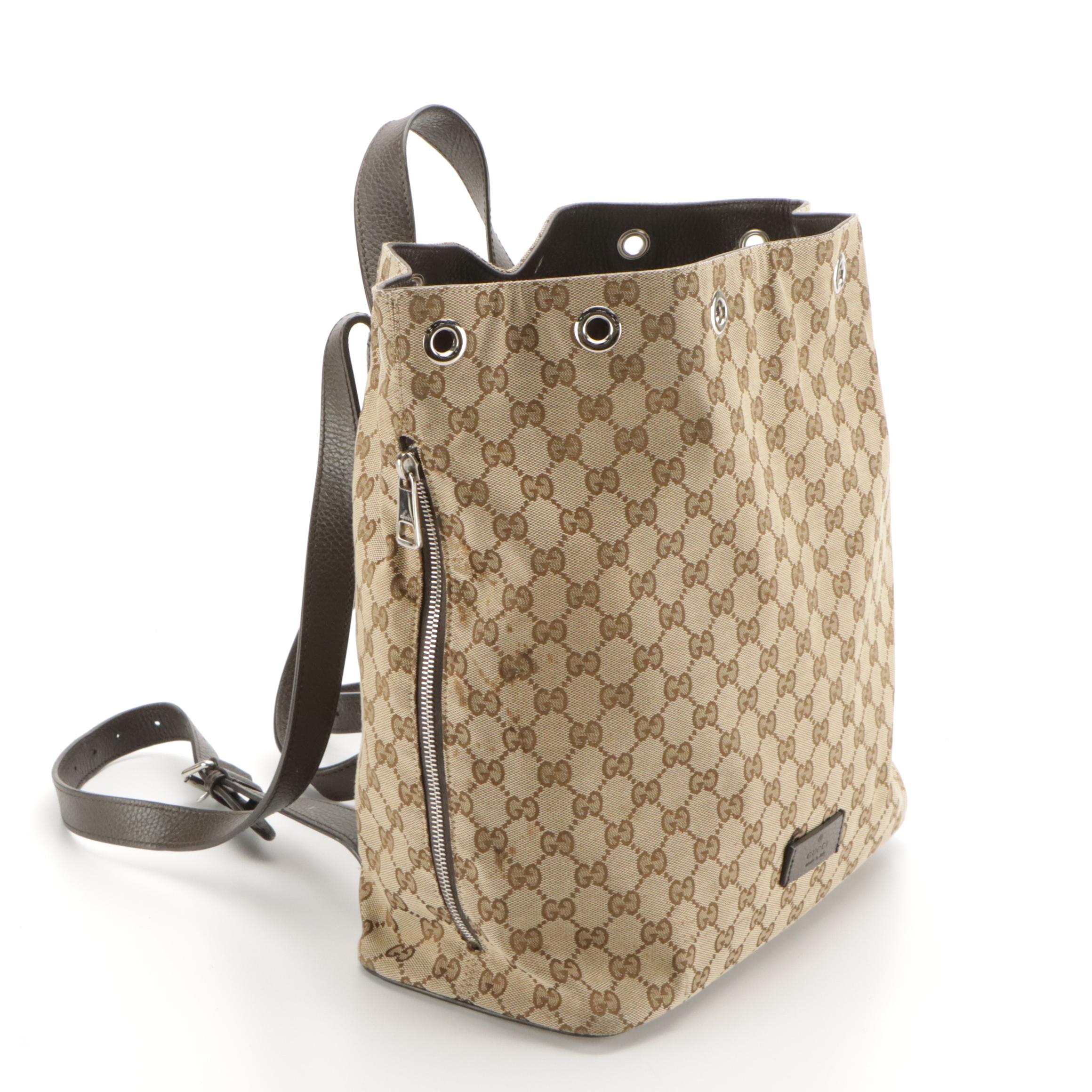 Gucci Drawstring Backpack Bag in GG Canvas with Pebbled Leather Trim