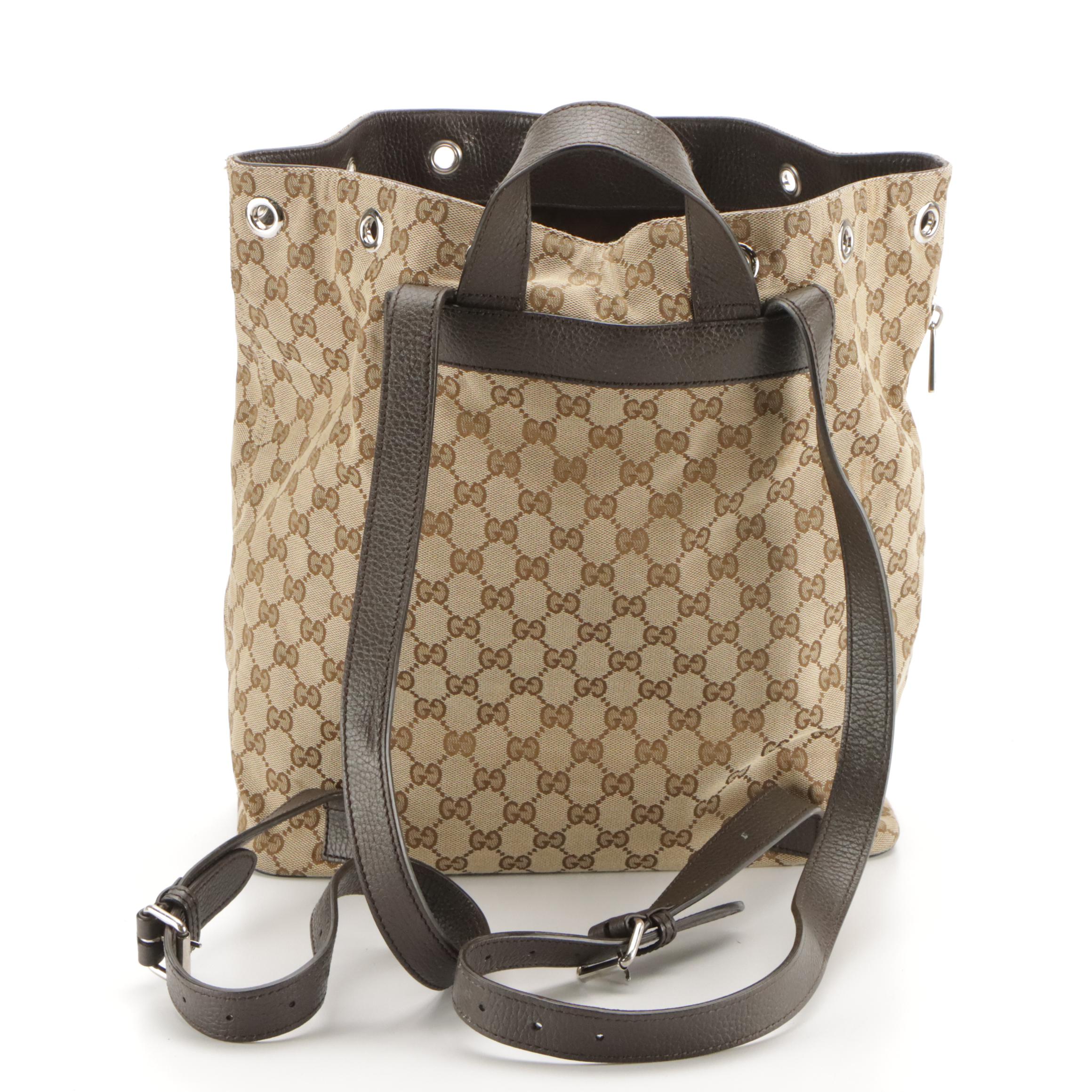 Gucci Drawstring Backpack Bag in GG Canvas with Pebbled Leather Trim