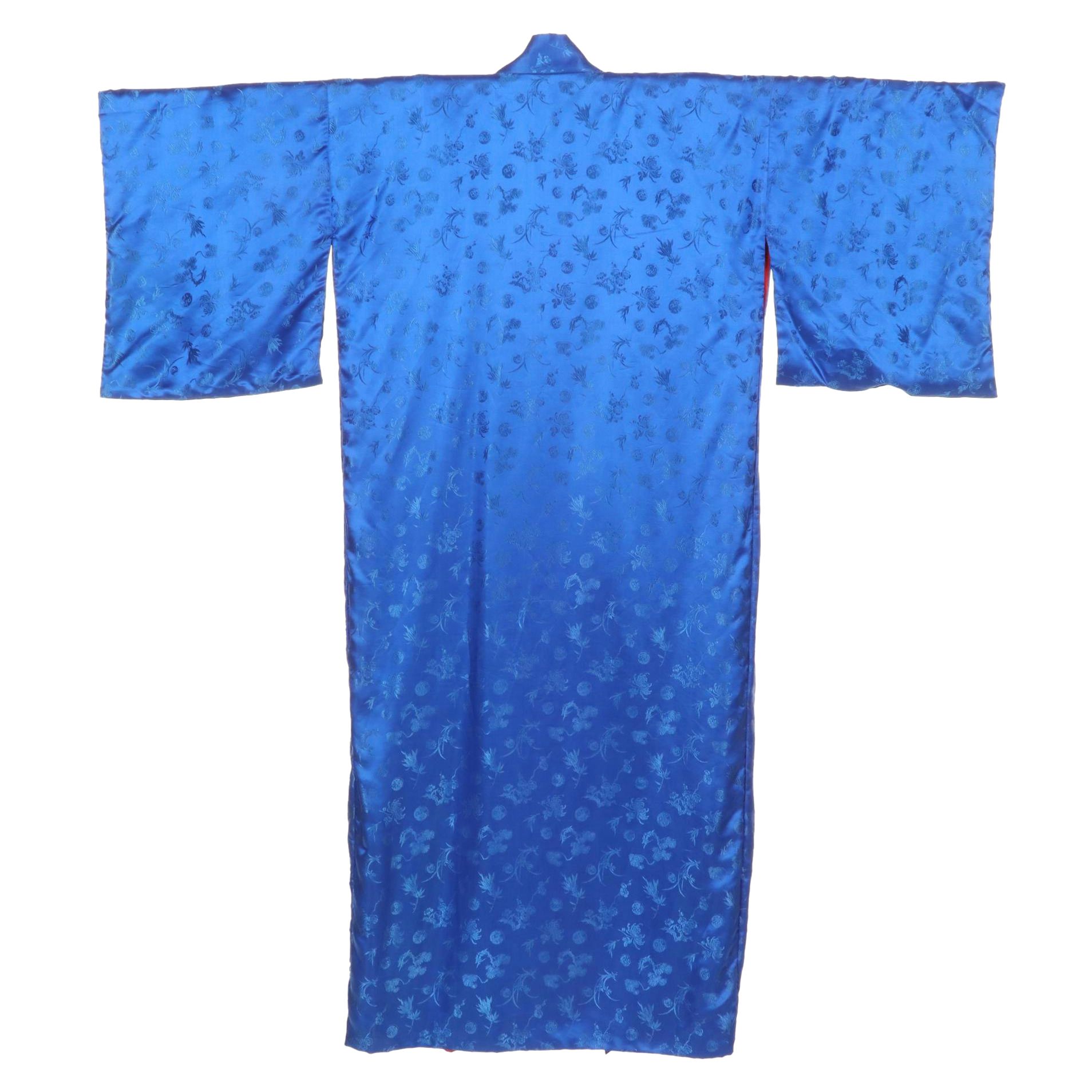 Japanese Kimono Royal Blue Floral Longevity Motif with Red Lining