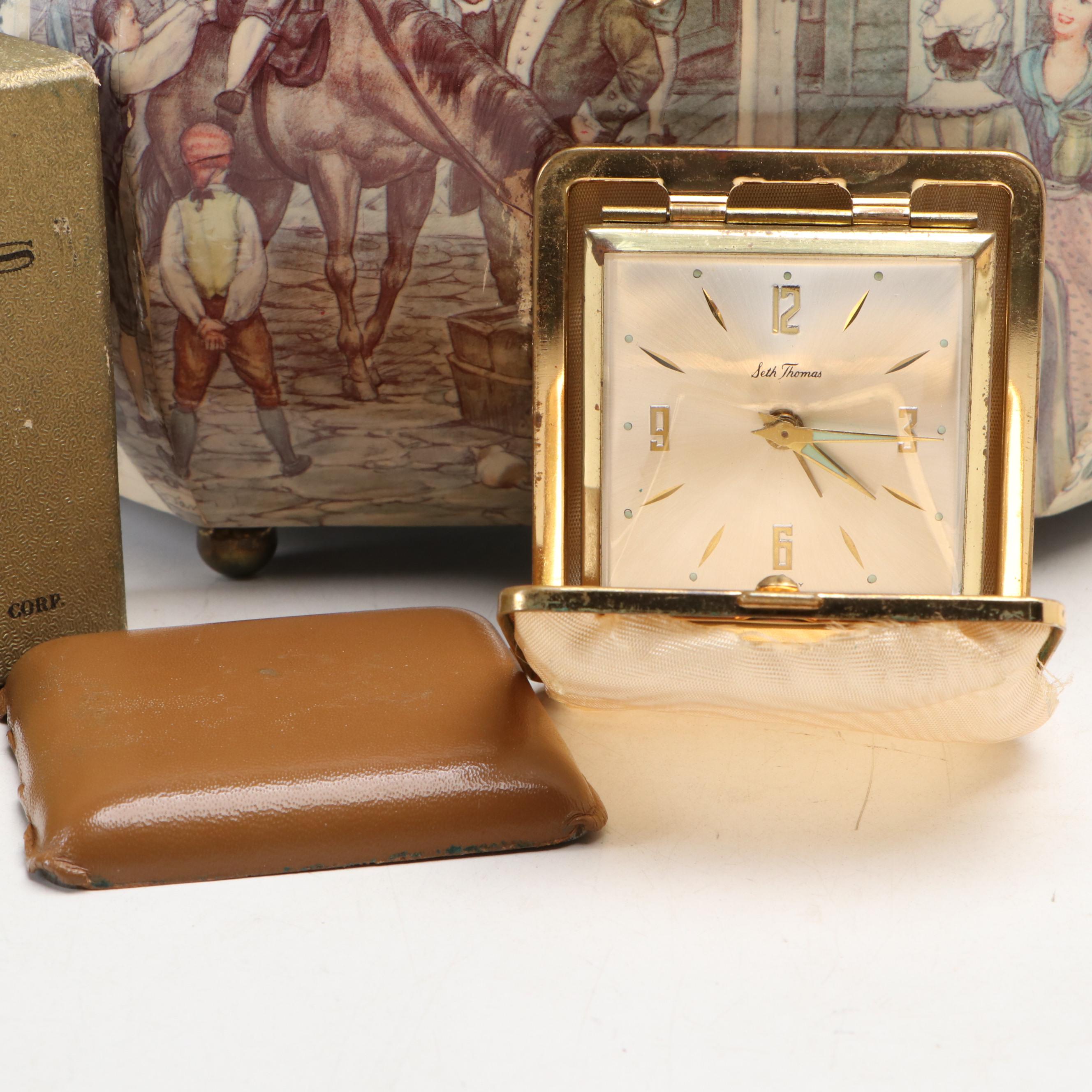 Wood Decoupage Purse, Seth Thomas Traveling Clock and Antique Umbrella Handle