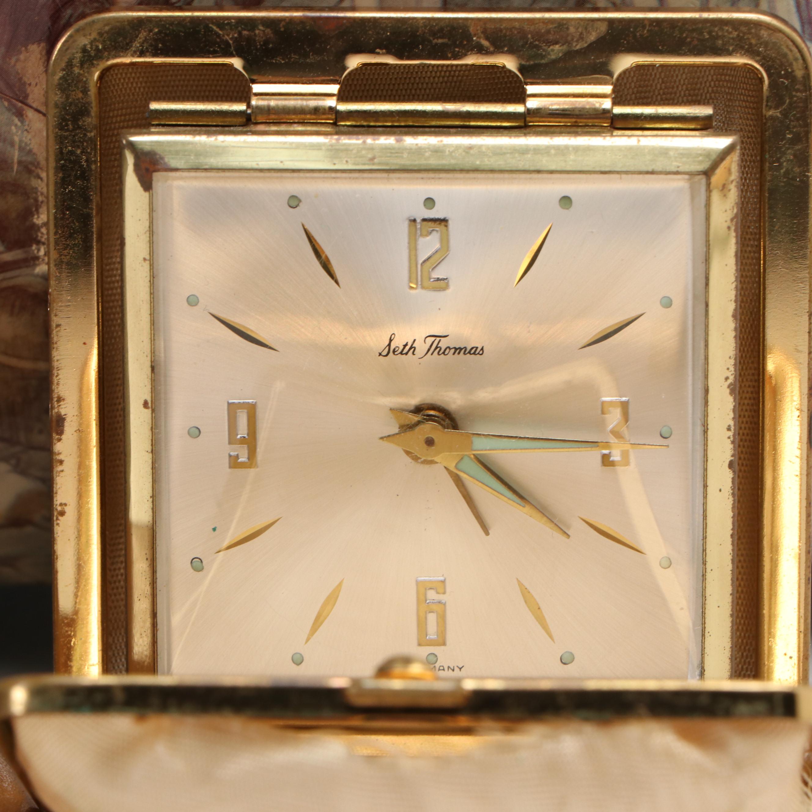 Wood Decoupage Purse, Seth Thomas Traveling Clock and Antique Umbrella Handle