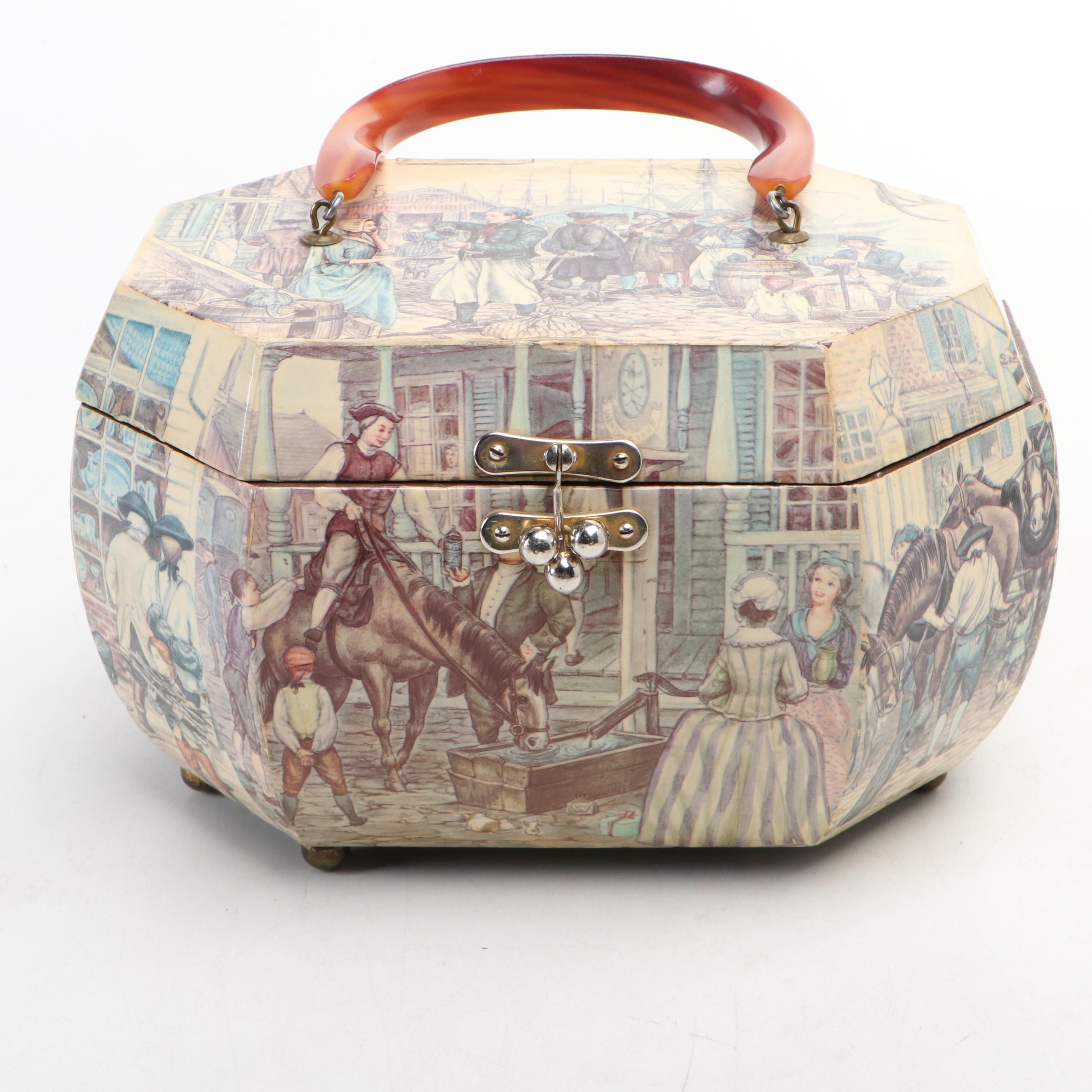 Wood Decoupage Purse, Seth Thomas Traveling Clock and Antique Umbrella Handle