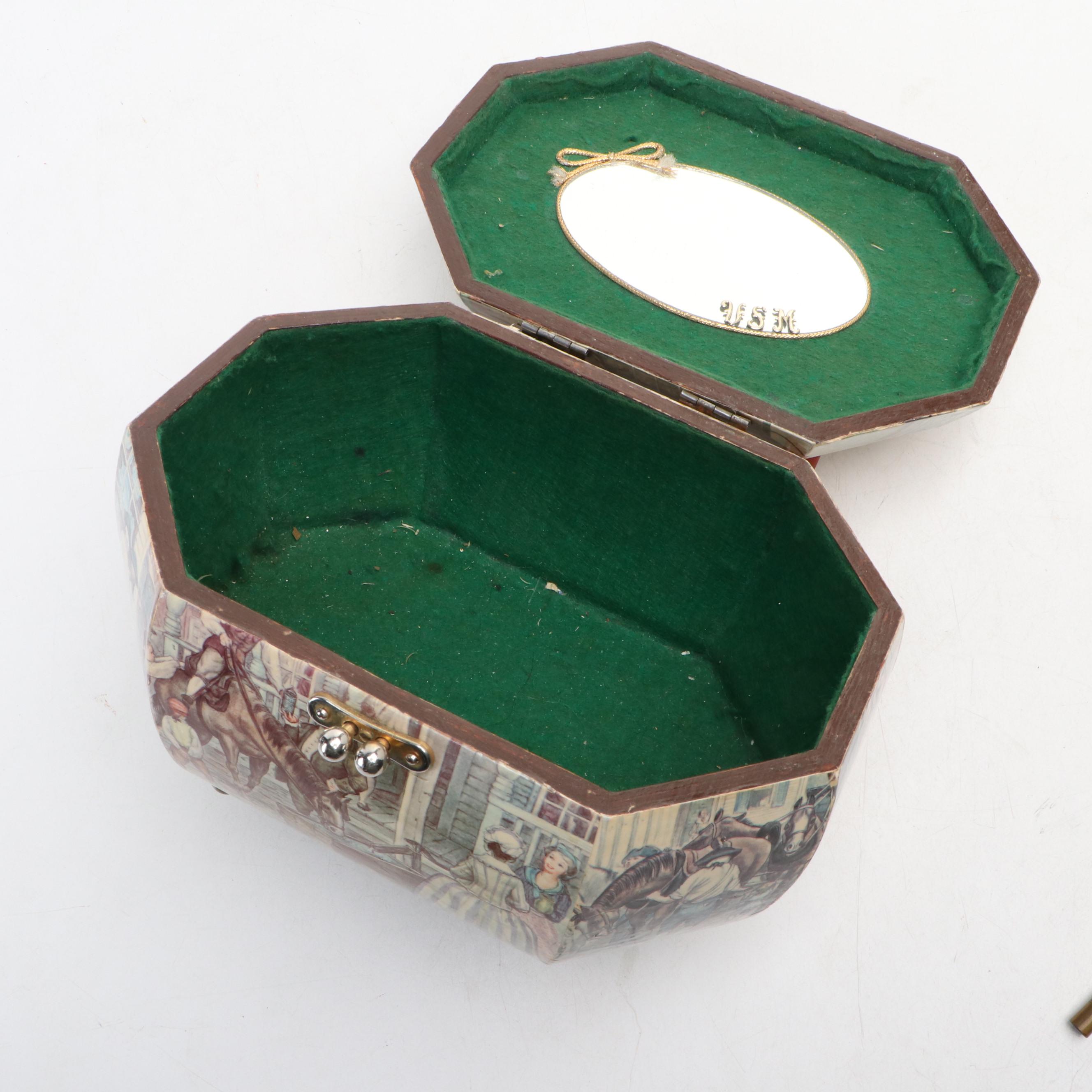 Wood Decoupage Purse, Seth Thomas Traveling Clock and Antique Umbrella Handle