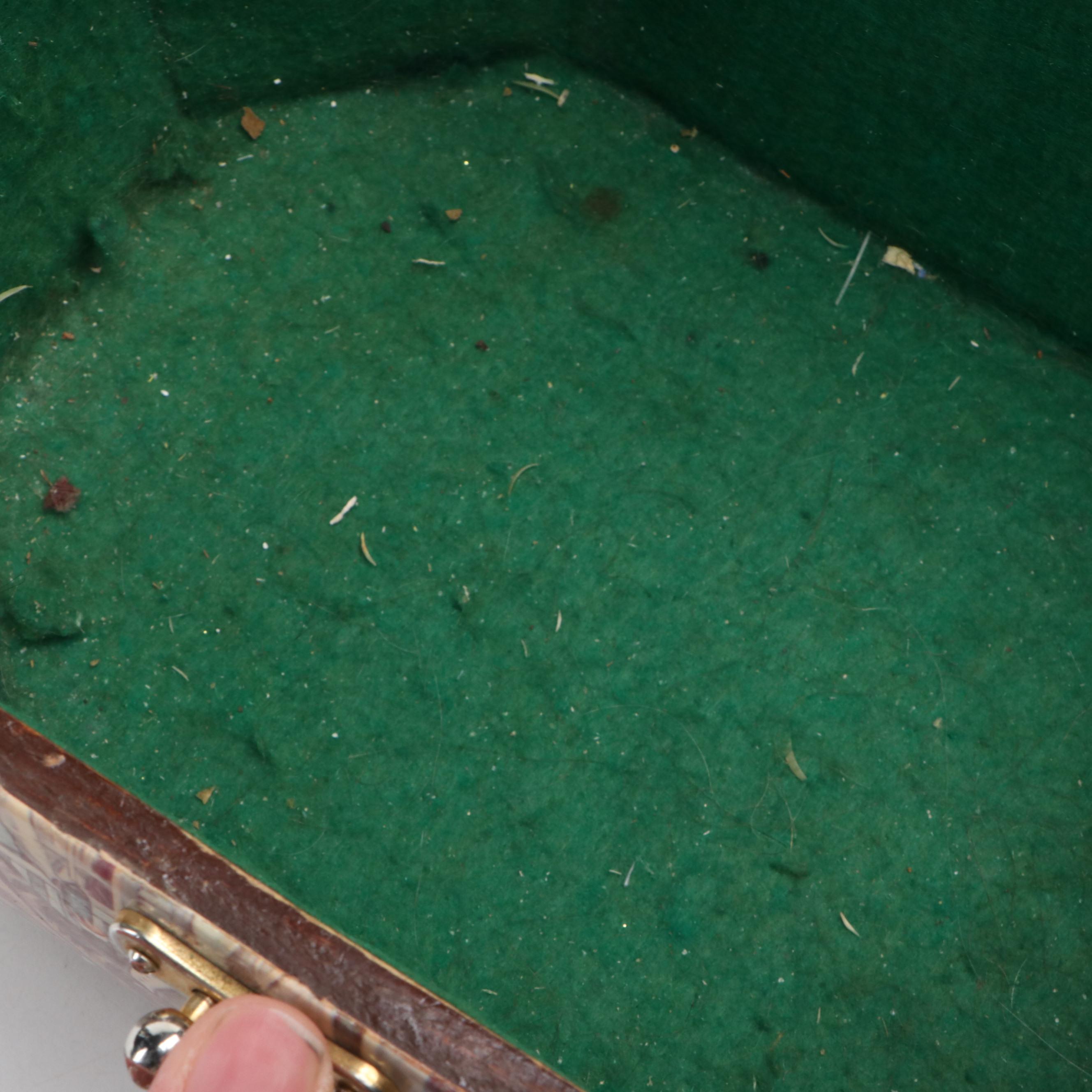 Wood Decoupage Purse, Seth Thomas Traveling Clock and Antique Umbrella Handle