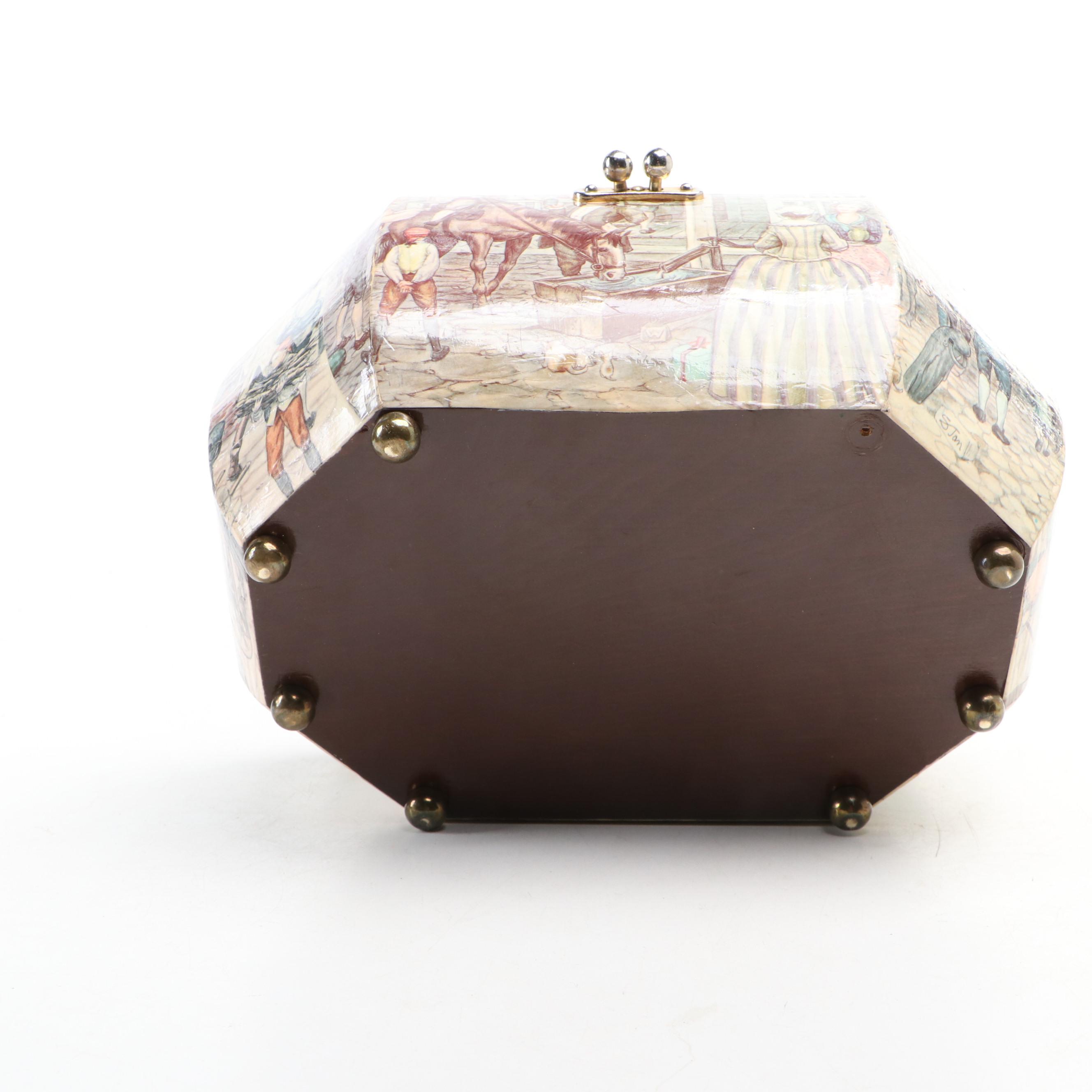 Wood Decoupage Purse, Seth Thomas Traveling Clock and Antique Umbrella Handle