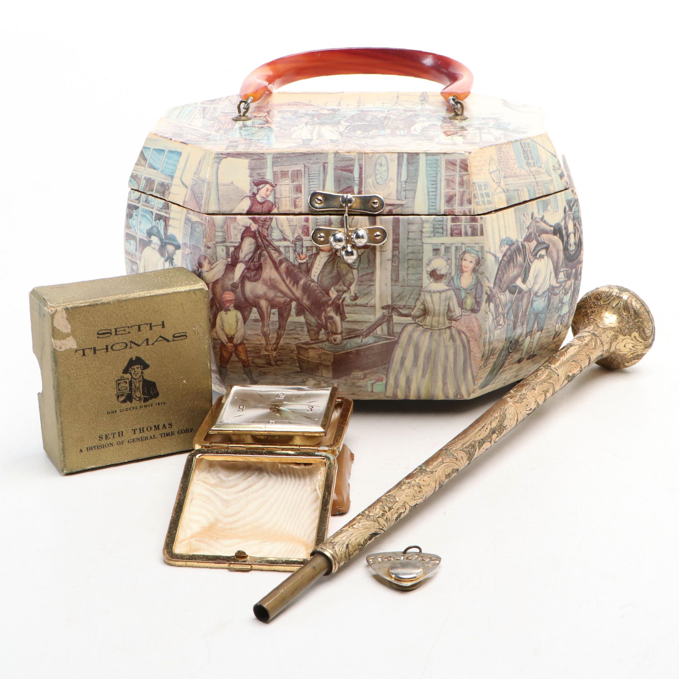 Wood Decoupage Purse, Seth Thomas Traveling Clock and Antique Umbrella Handle