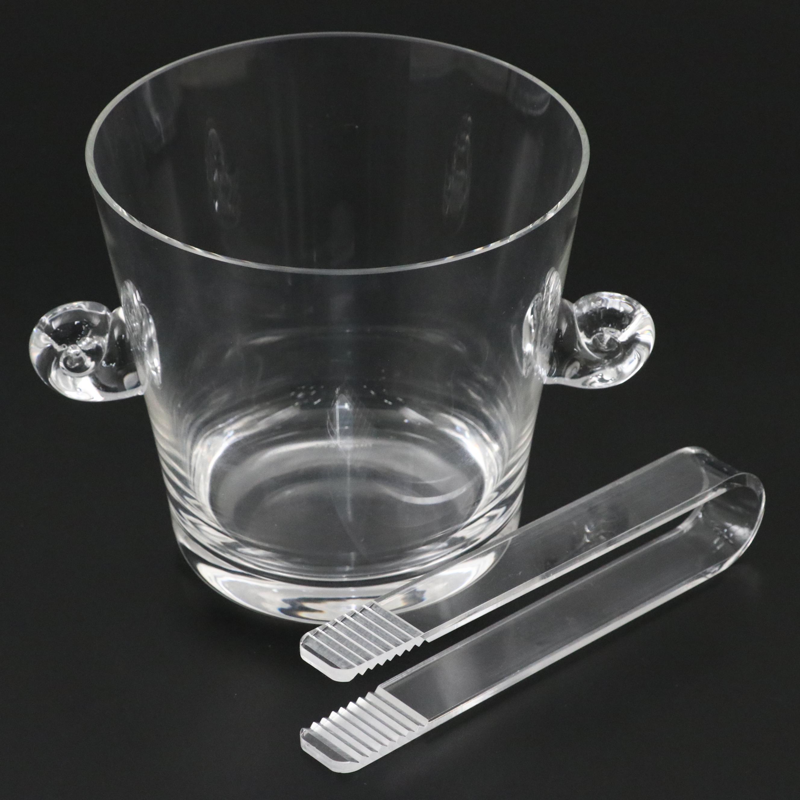 Tiffany & Co. "Scroll Handled" Crystal Ice Bucket with Acrylic Tongs