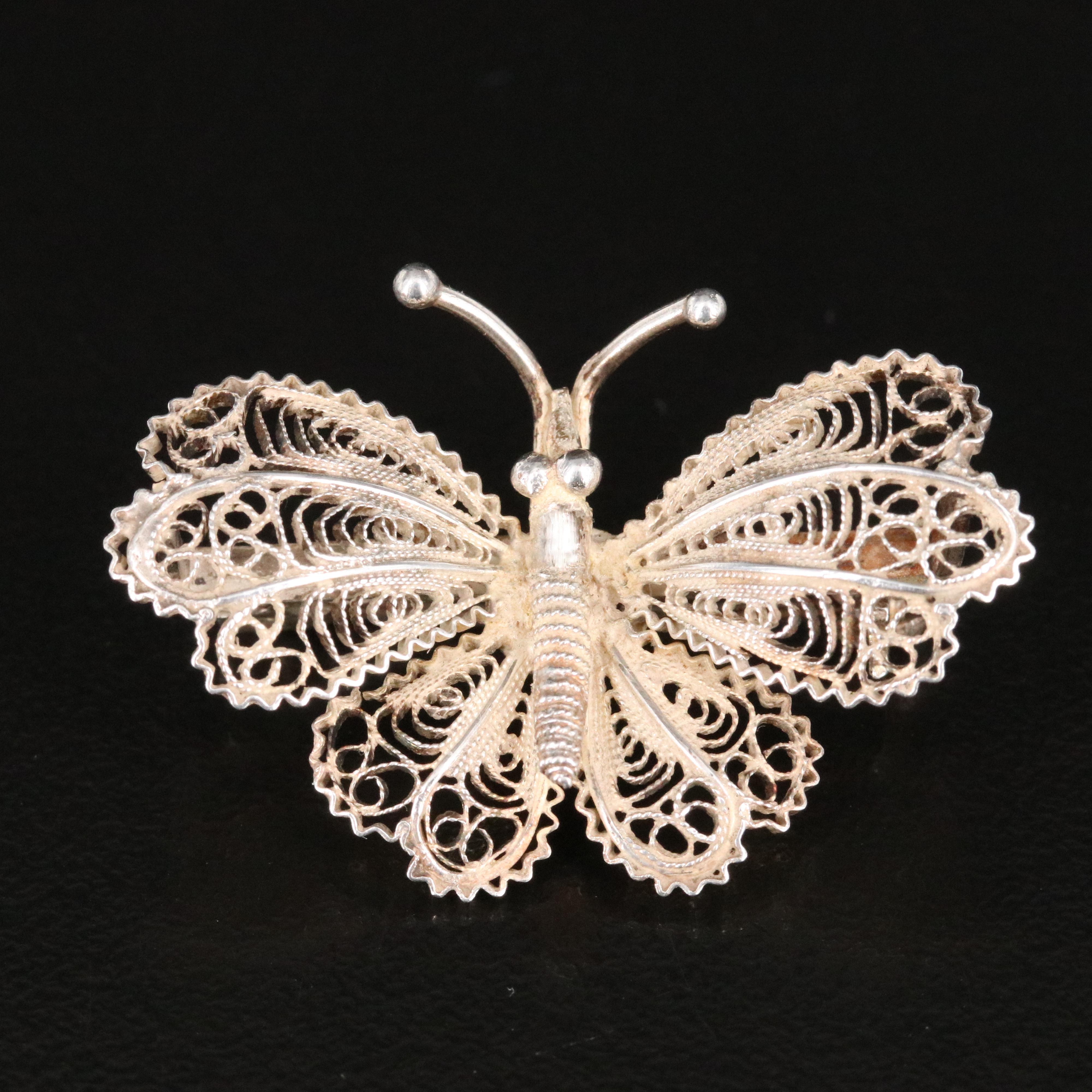 800 Silver Filigree Butterfly Brooch