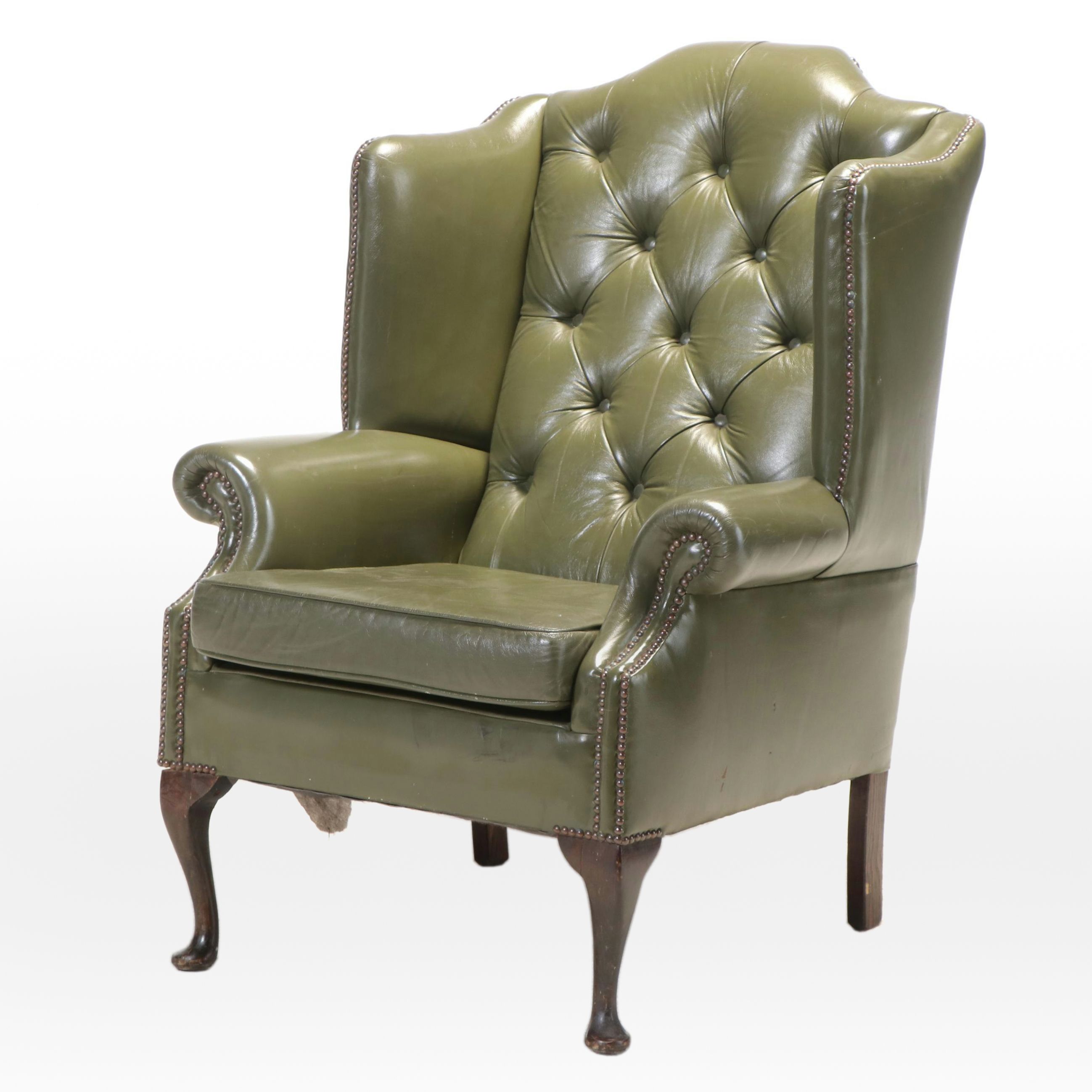 Queen Anne Style Buttoned-Down Green Leather Wingback Armchair with Nailheads