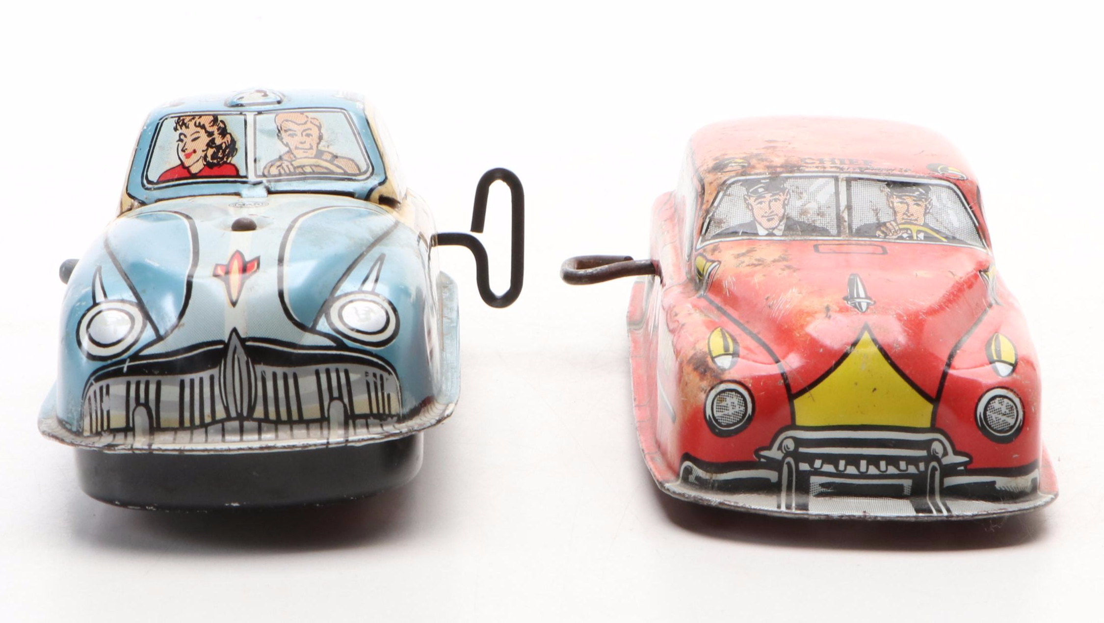 Louis Marx and Lupor Tin Lithograph Wind-Up Toy Cars, Mid-20th Century